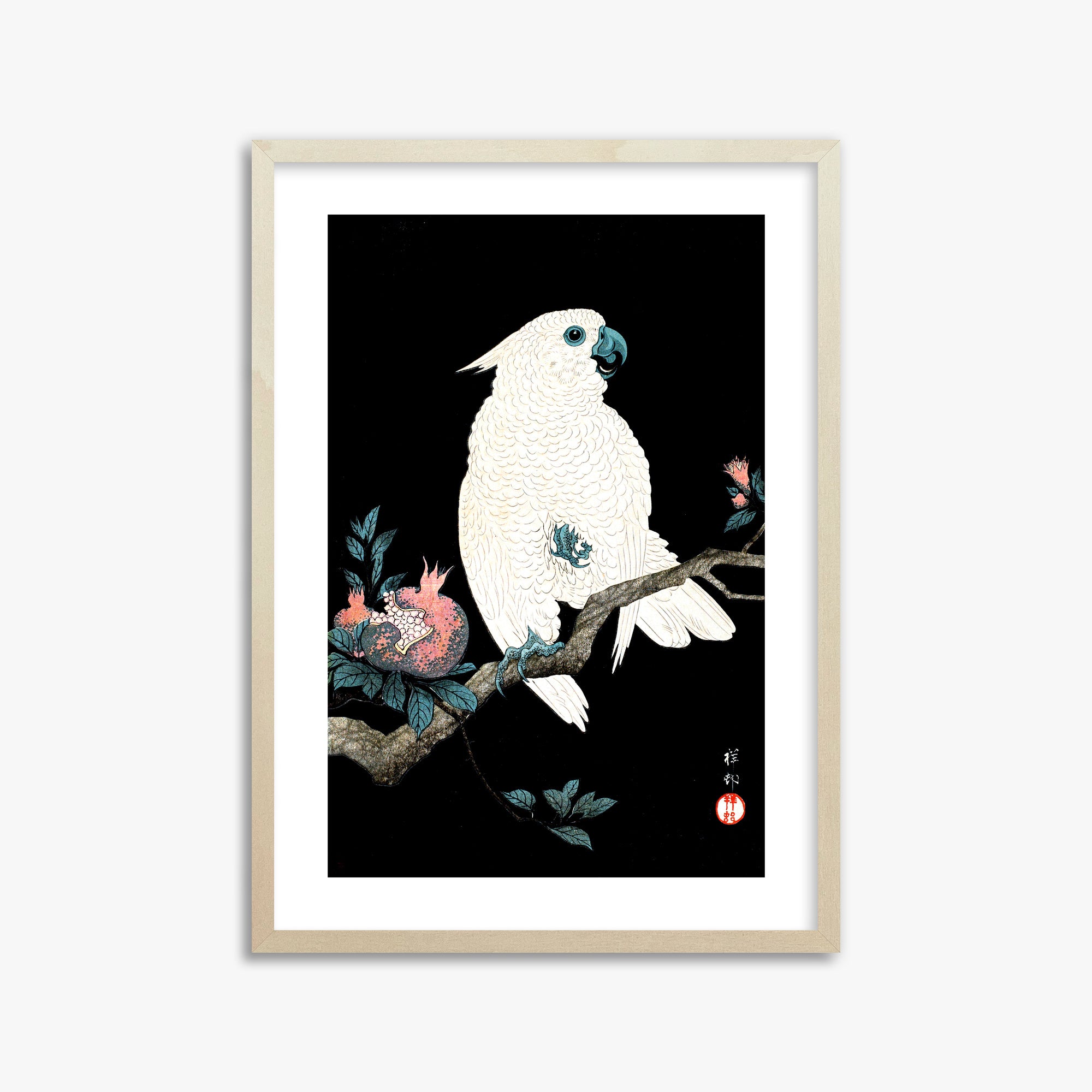 Ohara Koson: Cockatoo with Pomegranate, 50x70cm Framed Art Reproduction With Lime Wood Frame