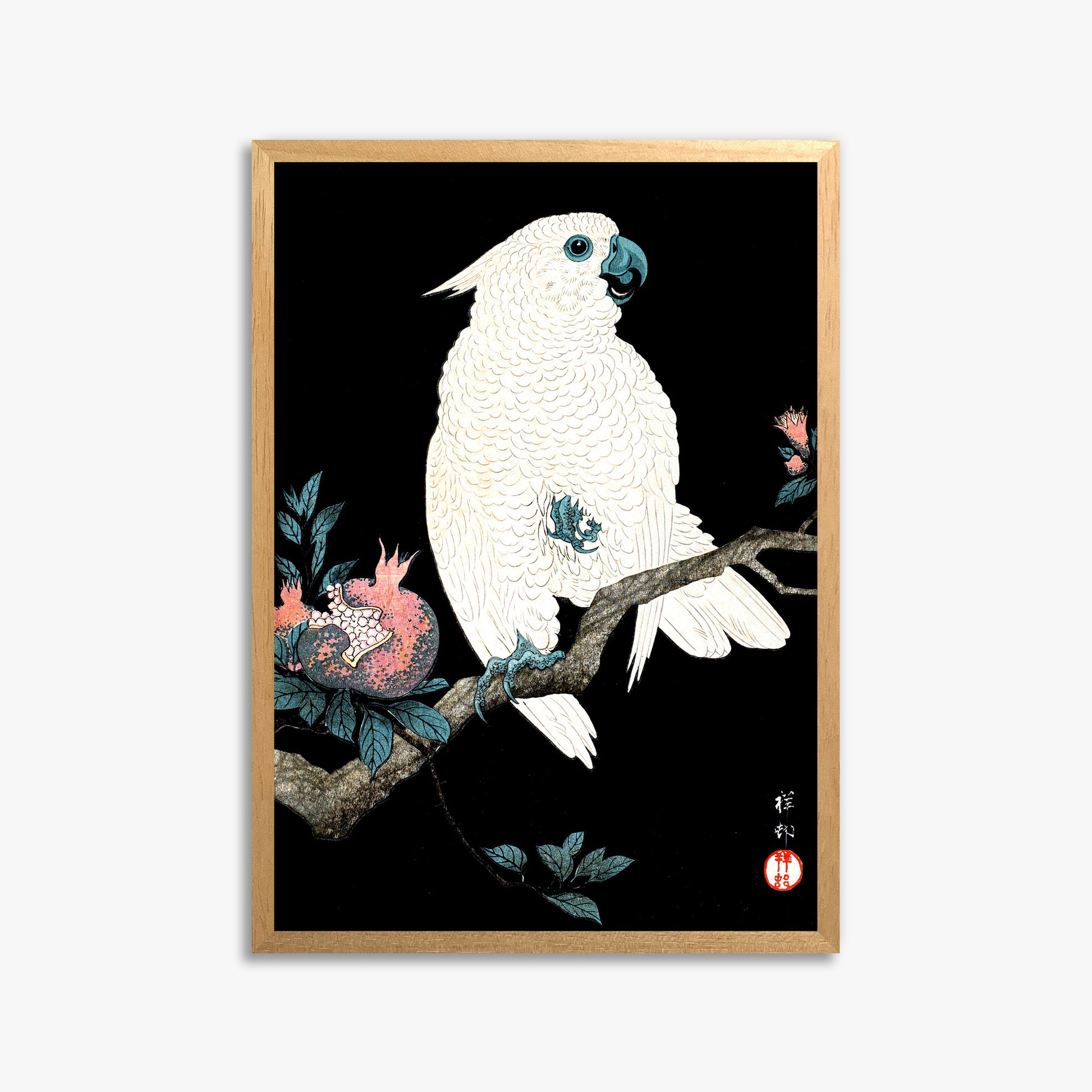 Ohara Koson: Cockatoo with Pomegranate, 50x70cm Framed Art Reproduction With Oak Frame