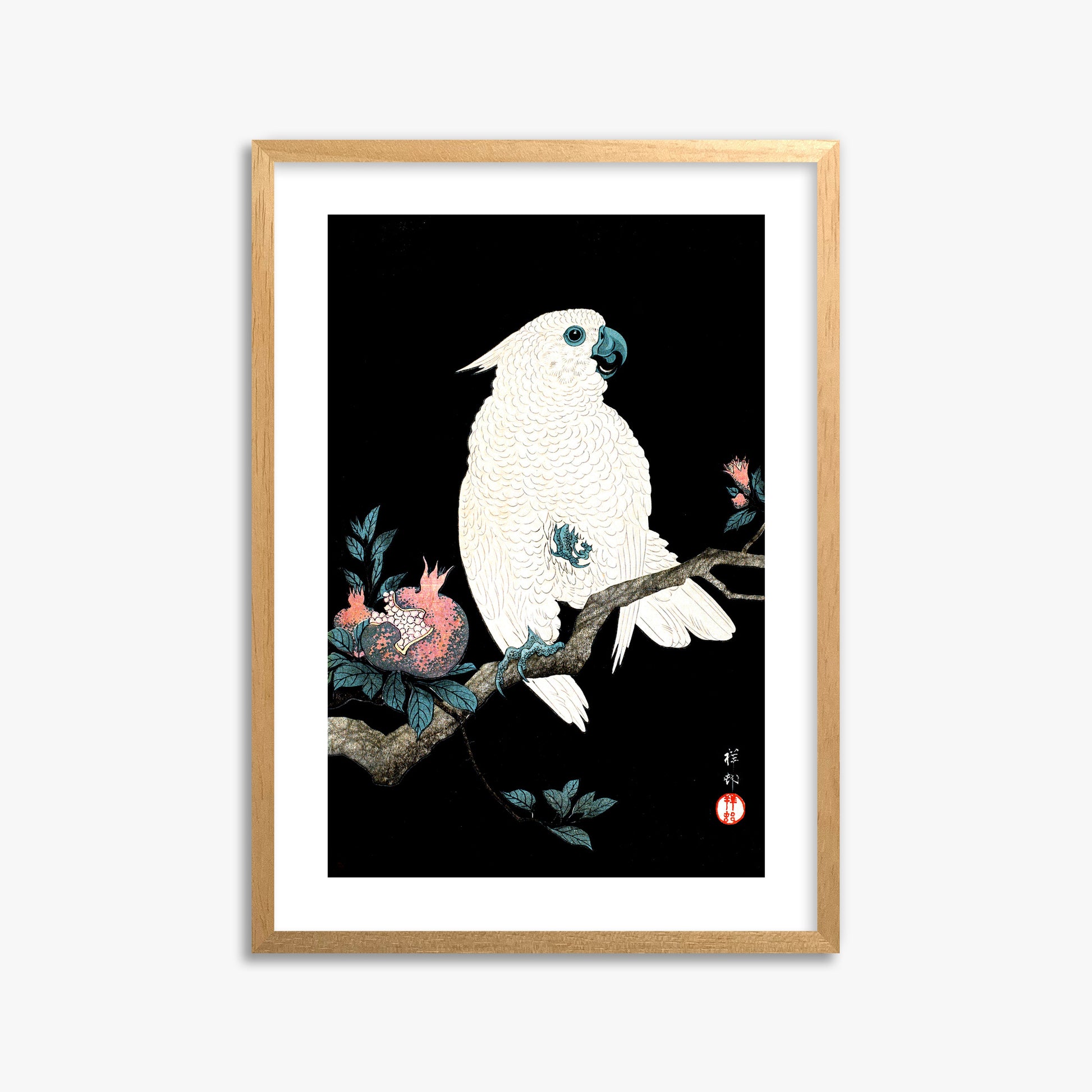 Ohara Koson: Cockatoo with Pomegranate, 50x70cm Framed Art Reproduction With Oak Frame