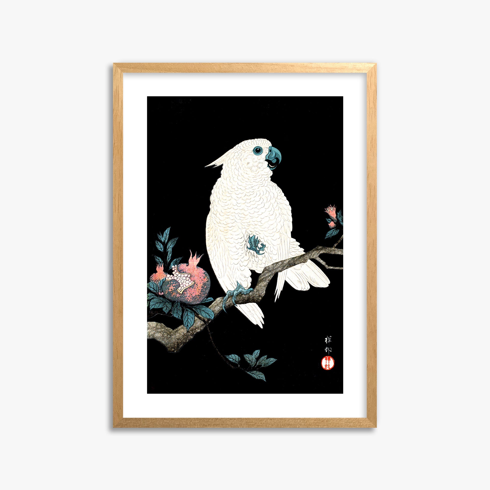 Ohara Koson: Cockatoo with Pomegranate, 50x70cm Framed Art Reproduction With Oak Frame