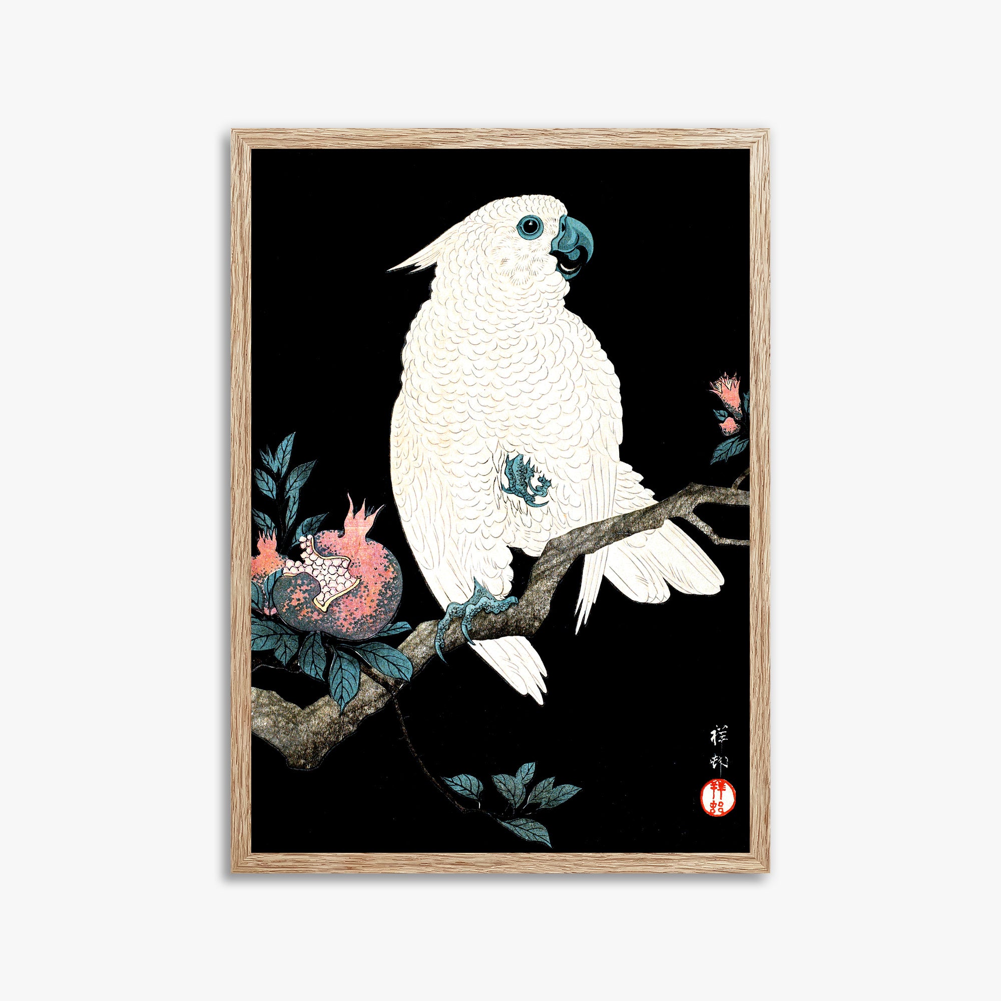 Ohara Koson: Cockatoo with Pomegranate, 50x70cm Framed Art Reproduction With Raw Oak Frame