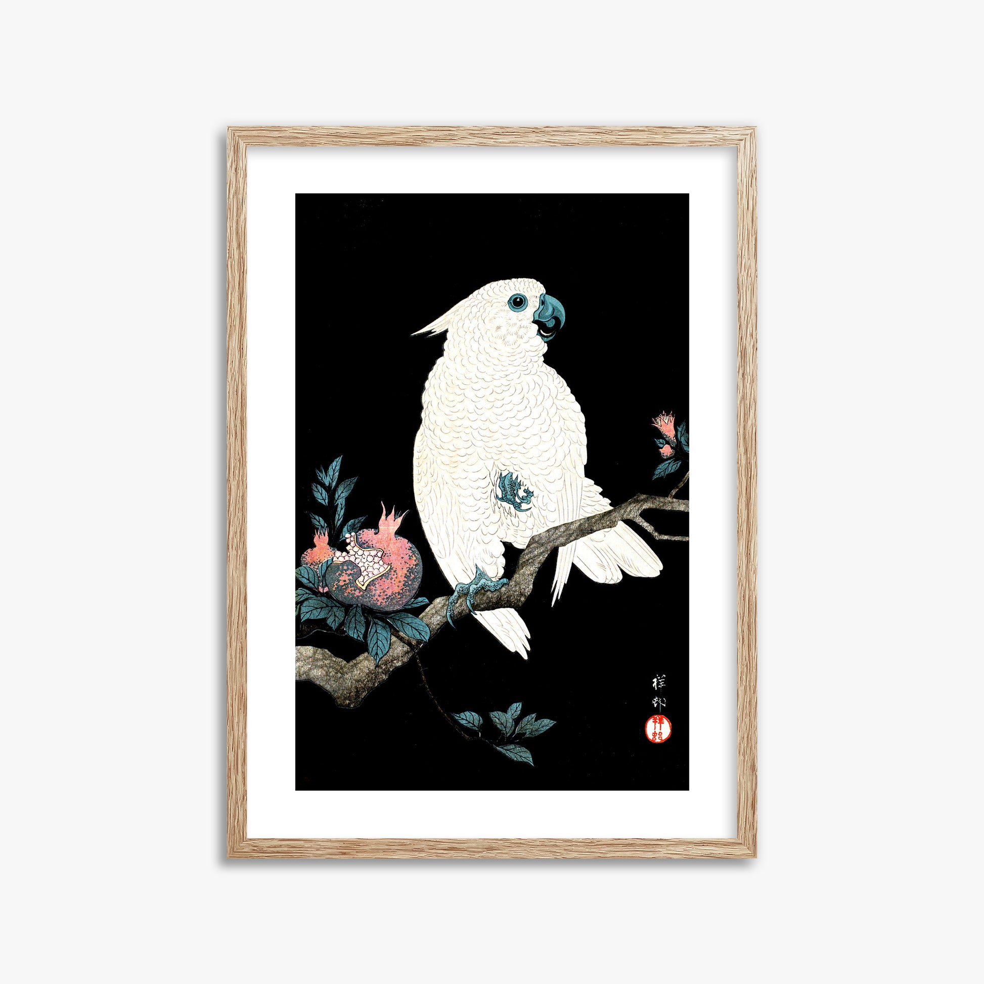 Ohara Koson: Cockatoo with Pomegranate, 50x70cm Framed Art Reproduction With Raw Oak Frame
