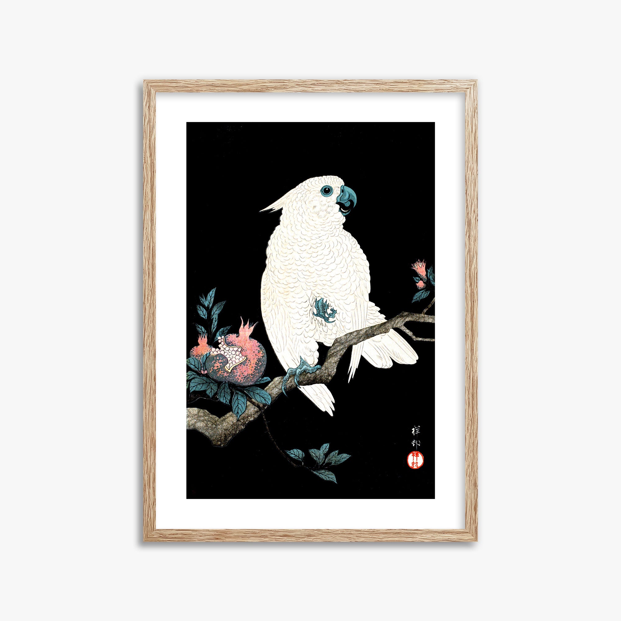 Ohara Koson: Cockatoo with Pomegranate, 50x70cm Framed Art Reproduction With Raw Oak Frame