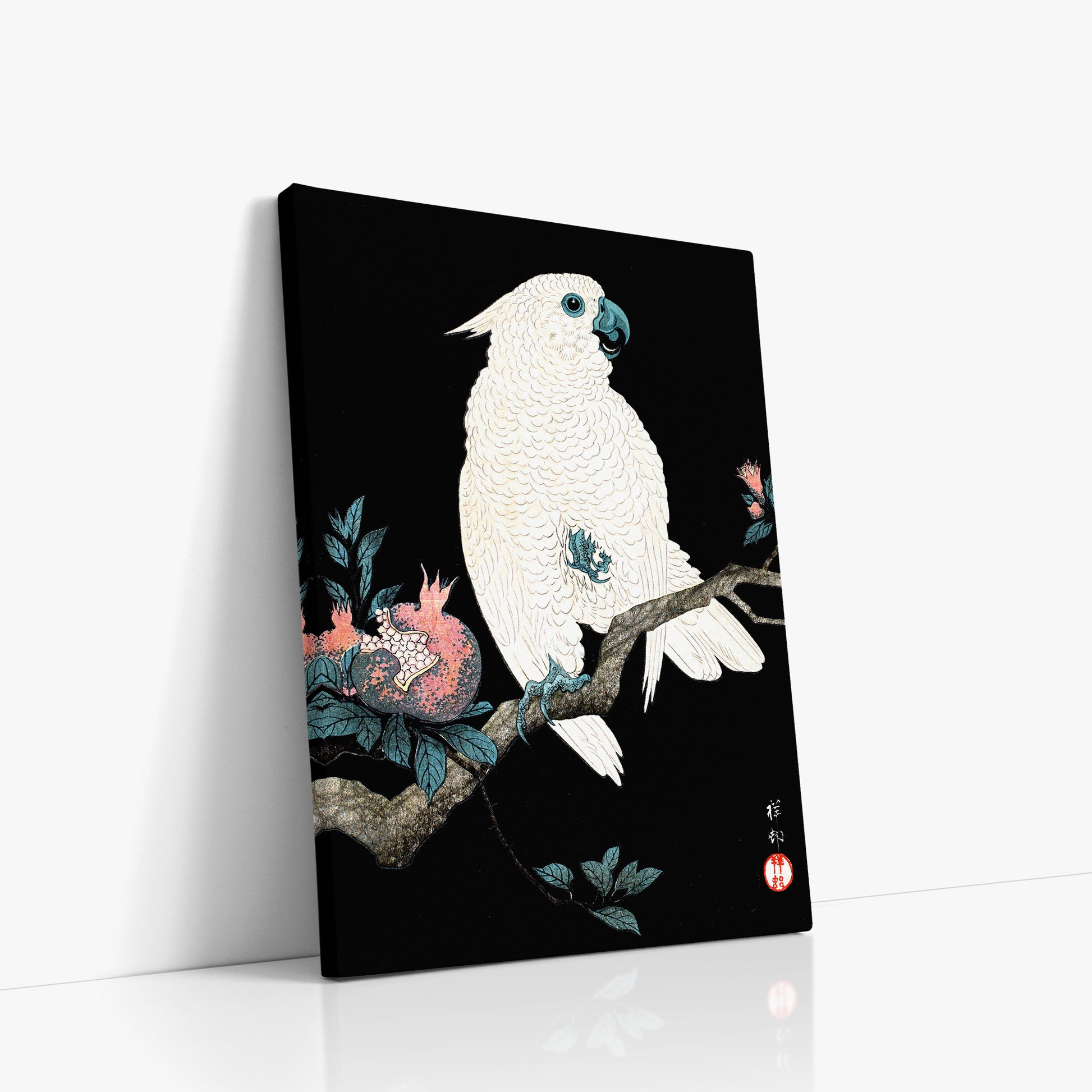 Ohara Koson: Cockatoo with Pomegranate, 50x70cm Satin Canvas Art Reproduction Left Angle