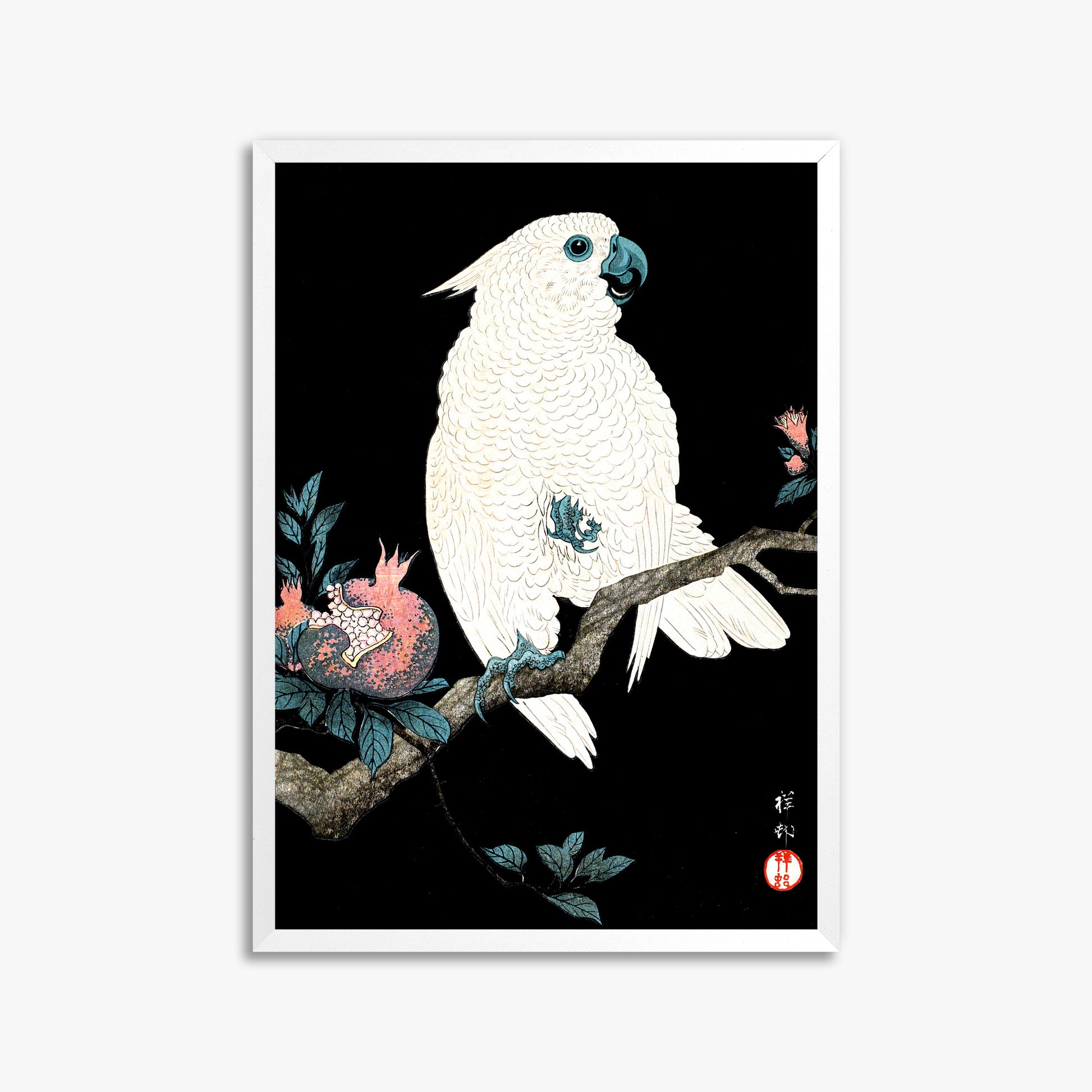 Ohara Koson: Cockatoo with Pomegranate, 50x70cm Framed Art Reproduction With White Frame