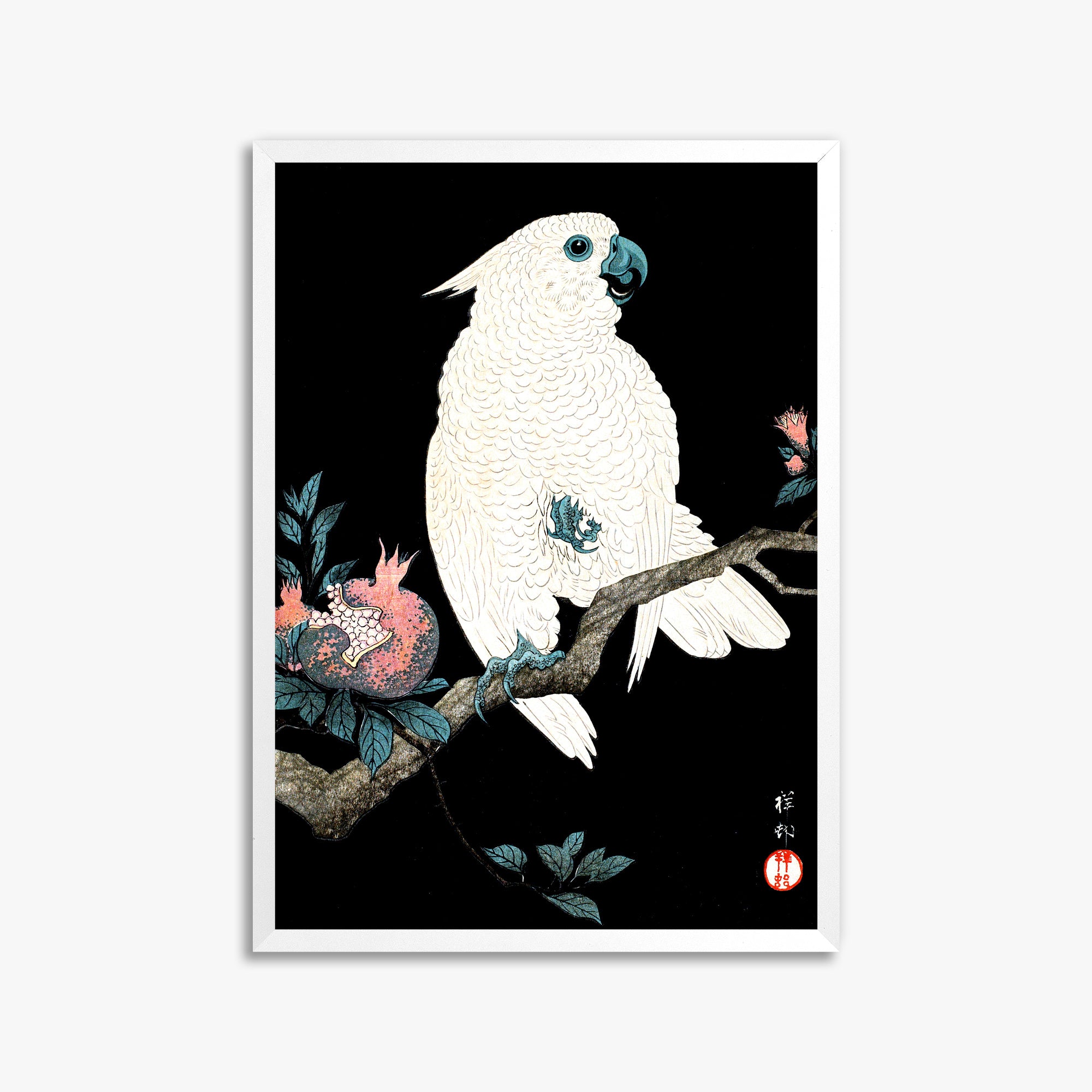 Ohara Koson: Cockatoo with Pomegranate, 50x70cm Framed Art Reproduction With White Frame