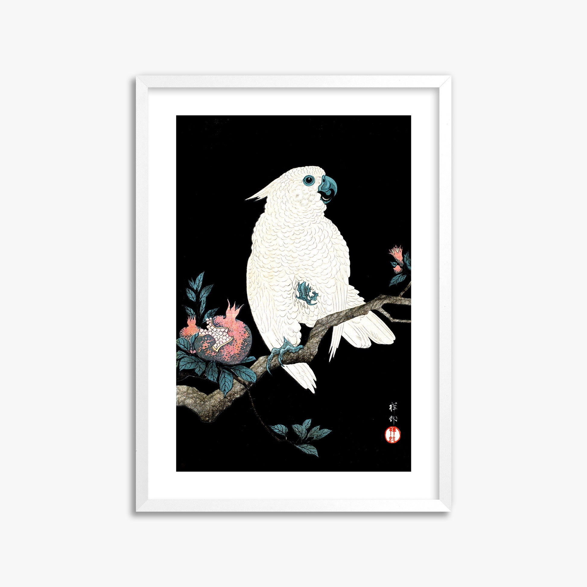 Ohara Koson: Cockatoo with Pomegranate, 50x70cm Framed Art Reproduction With White Frame