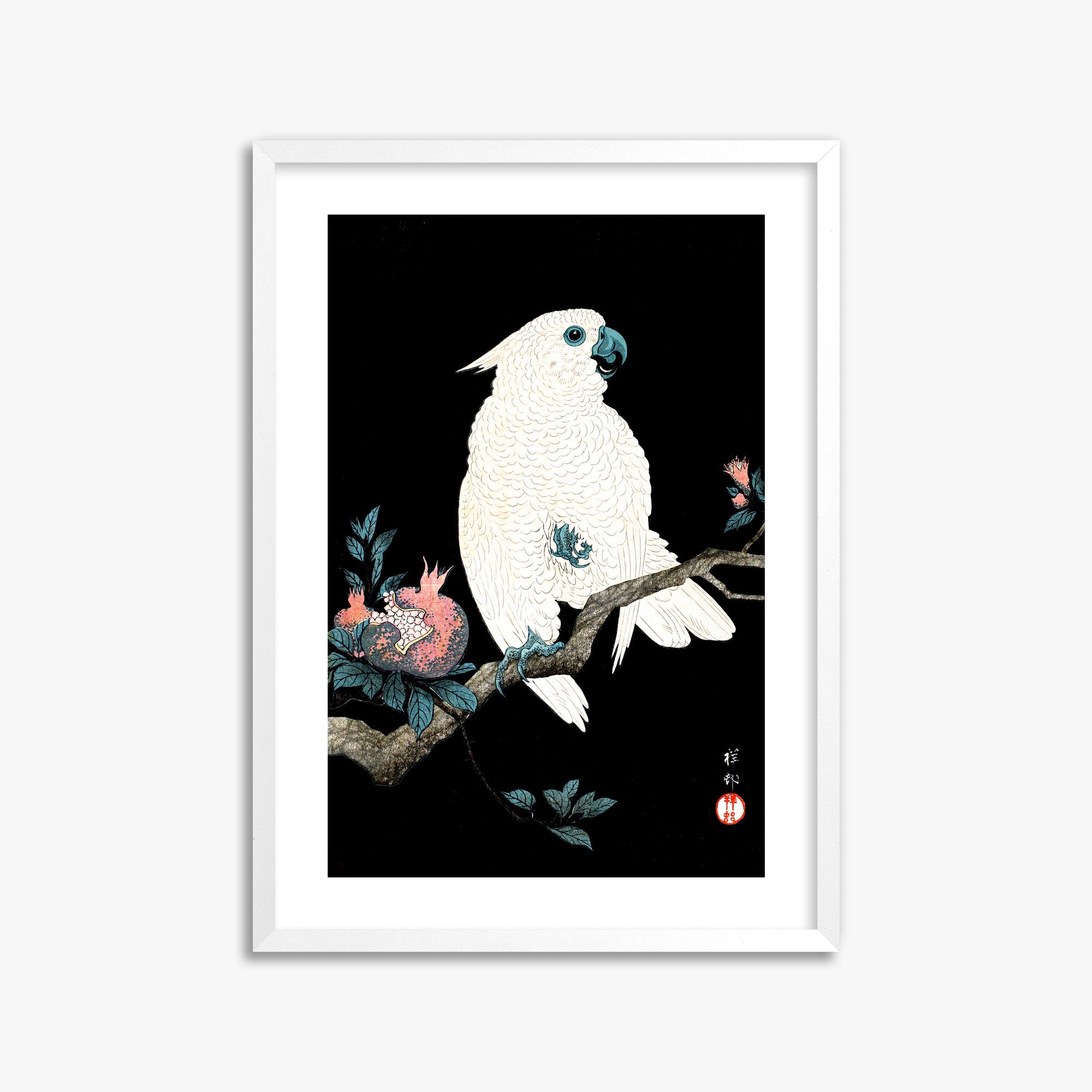 Ohara Koson: Cockatoo with Pomegranate, 50x70cm Framed Art Reproduction With White Frame