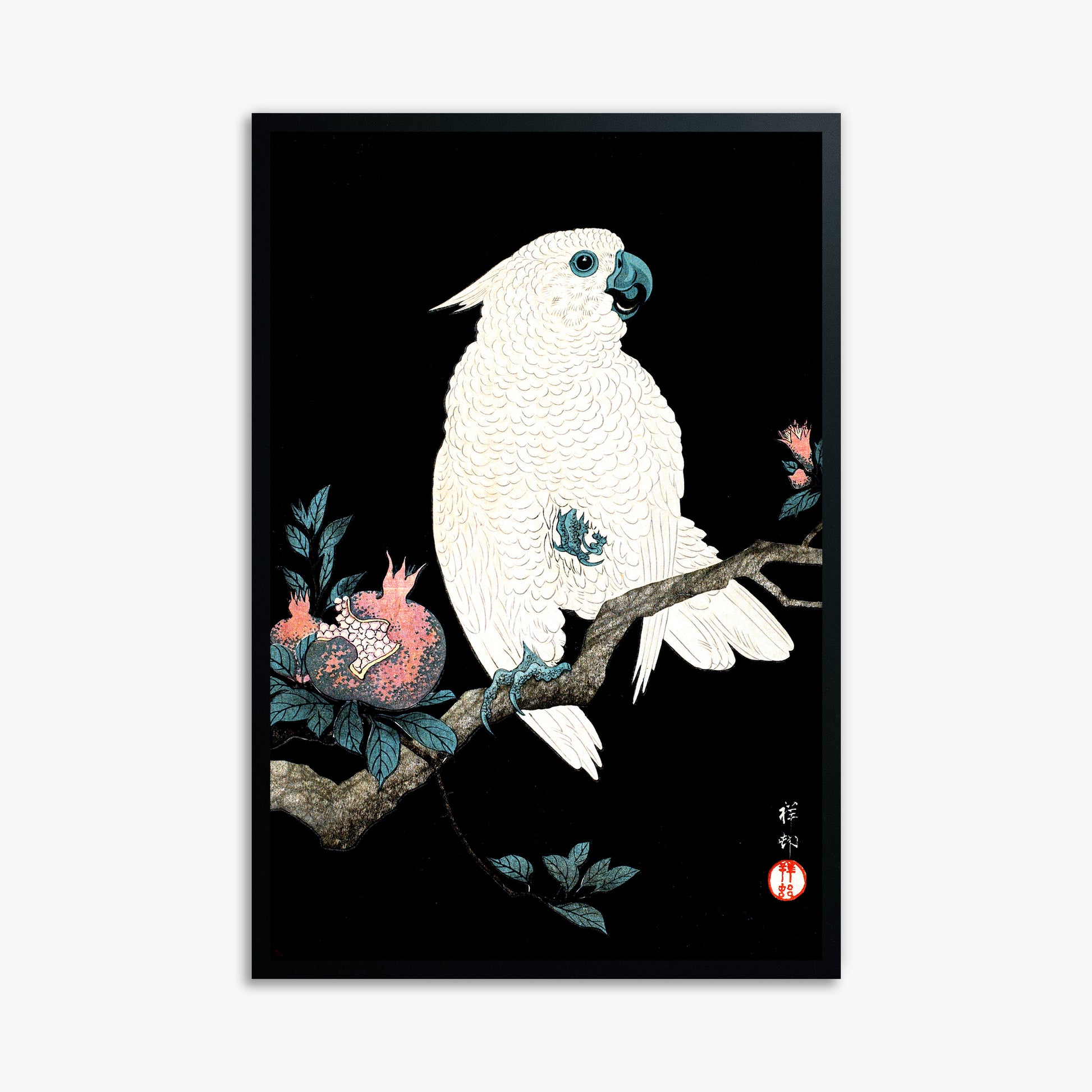 Ohara Koson: Cockatoo with Pomegranate, 61x91cm Framed Art Reproduction With Black Frame