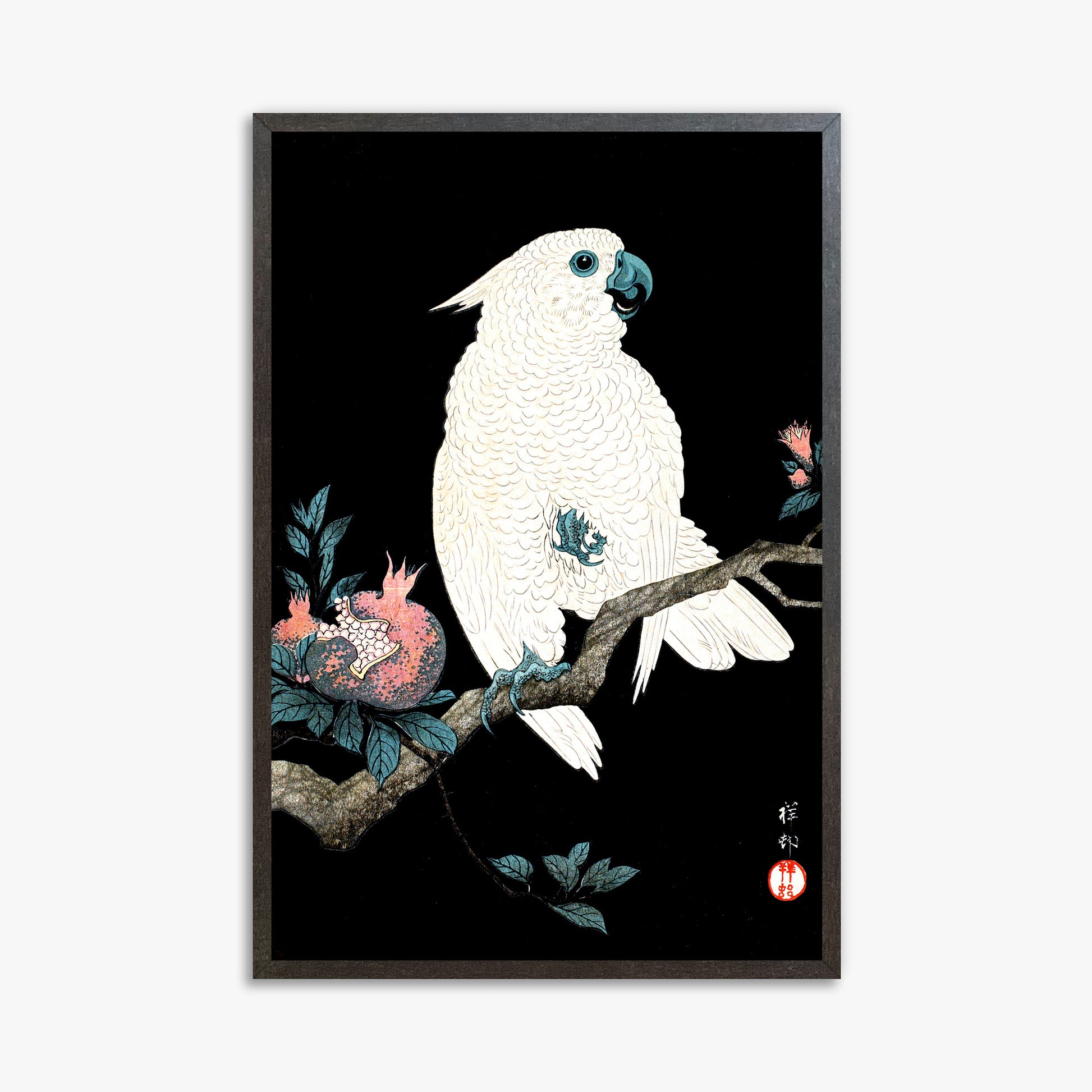 Ohara Koson: Cockatoo with Pomegranate, 61x91cm Framed Art Reproduction With Espresso Frame