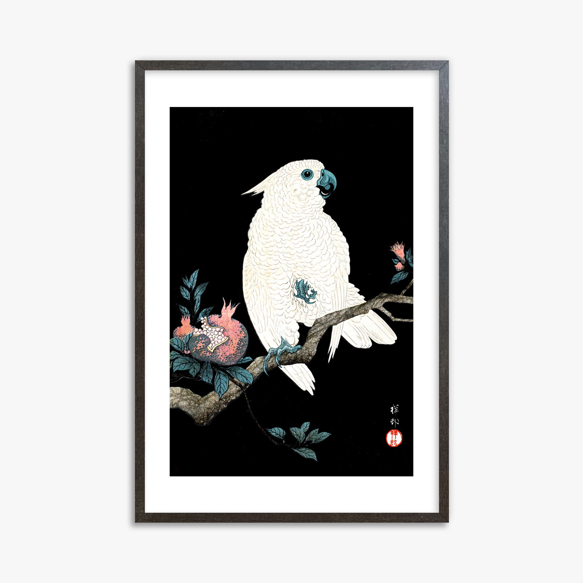 Ohara Koson: Cockatoo with Pomegranate, 61x91cm Framed Art Reproduction With Espresso Frame