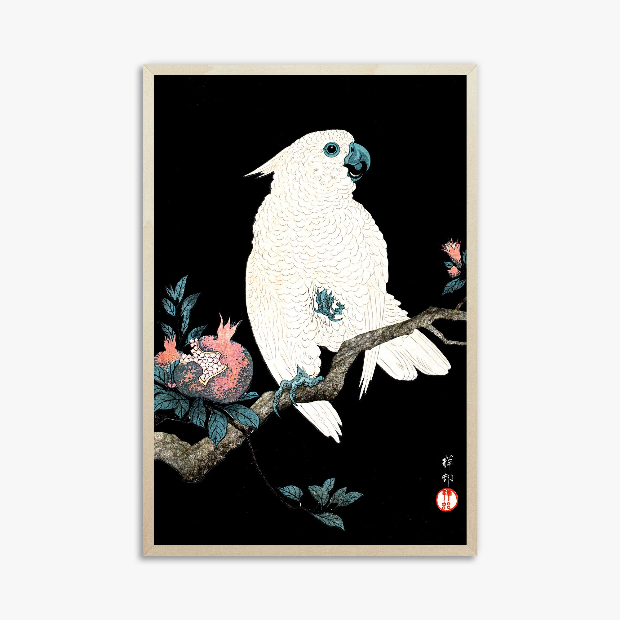 Ohara Koson: Cockatoo with Pomegranate, 61x91cm Framed Art Reproduction With Lime Wood Frame