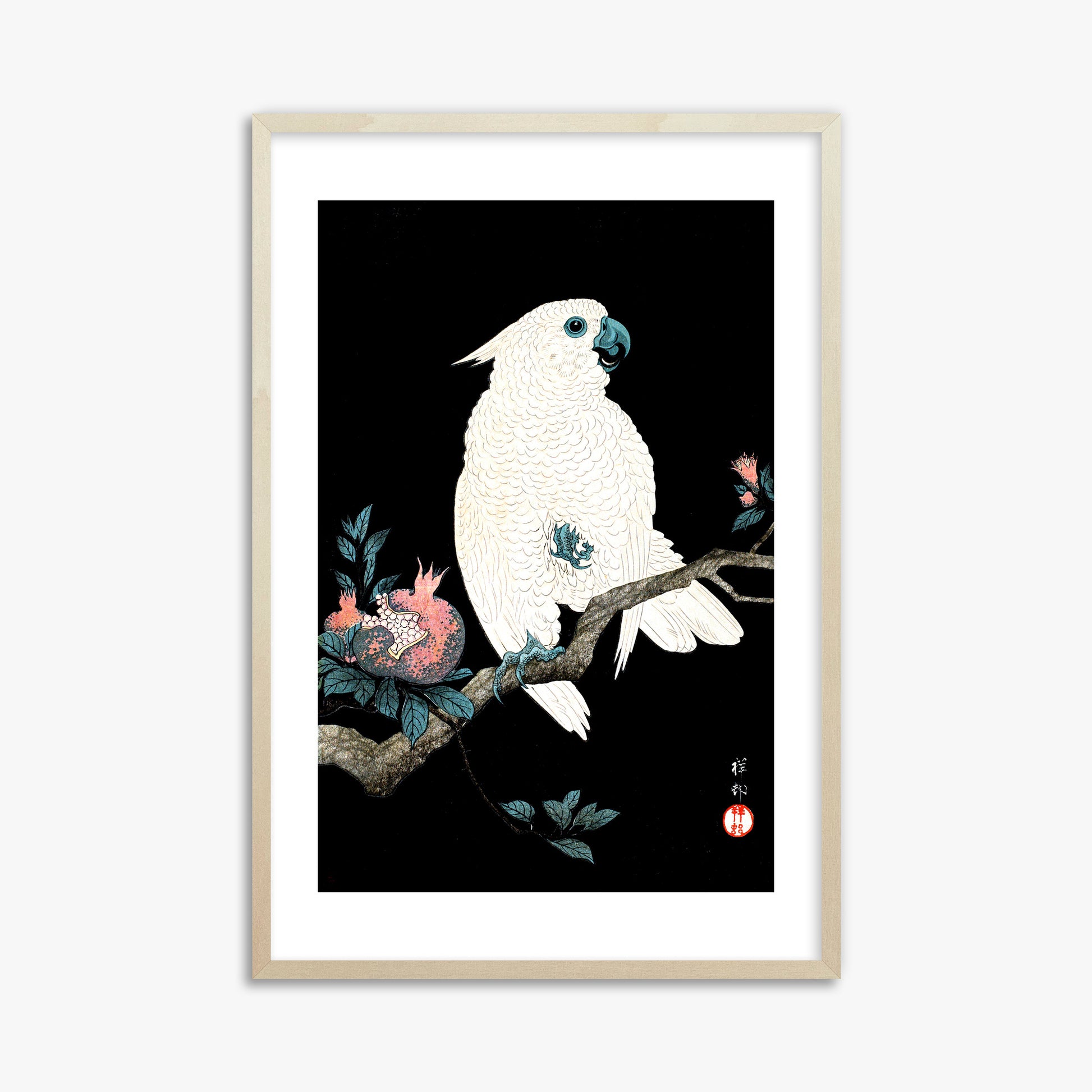 Ohara Koson: Cockatoo with Pomegranate, 61x91cm Framed Art Reproduction With Lime Wood Frame