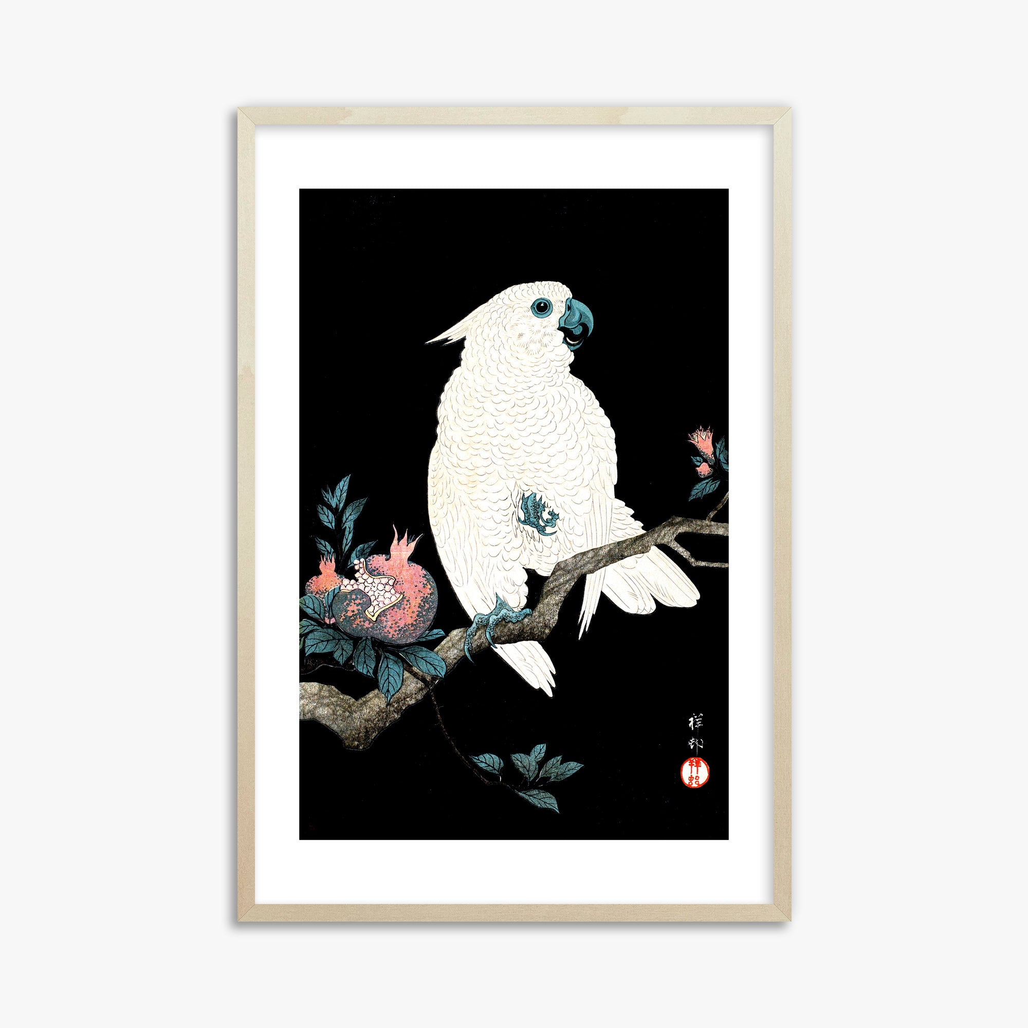 Ohara Koson: Cockatoo with Pomegranate, 61x91cm Framed Art Reproduction With Lime Wood Frame