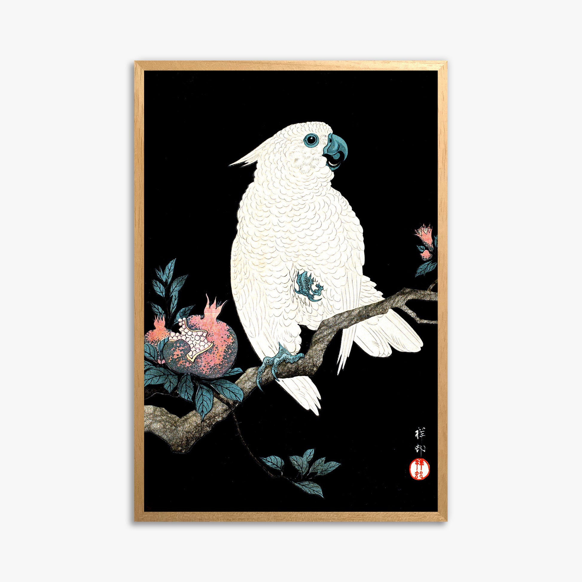 Ohara Koson: Cockatoo with Pomegranate, 61x91cm Framed Art Reproduction With Oak Frame