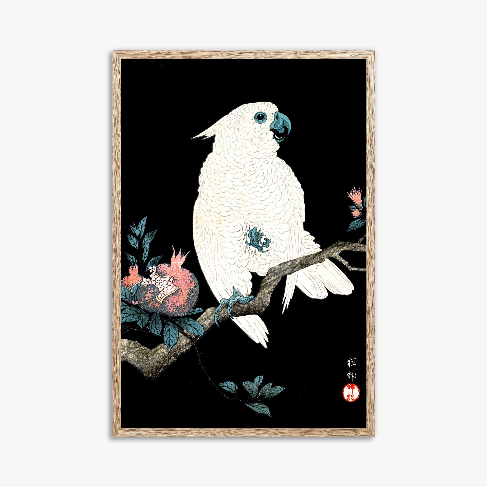 Ohara Koson: Cockatoo with Pomegranate, 61x91cm Framed Art Reproduction With Raw Oak Frame