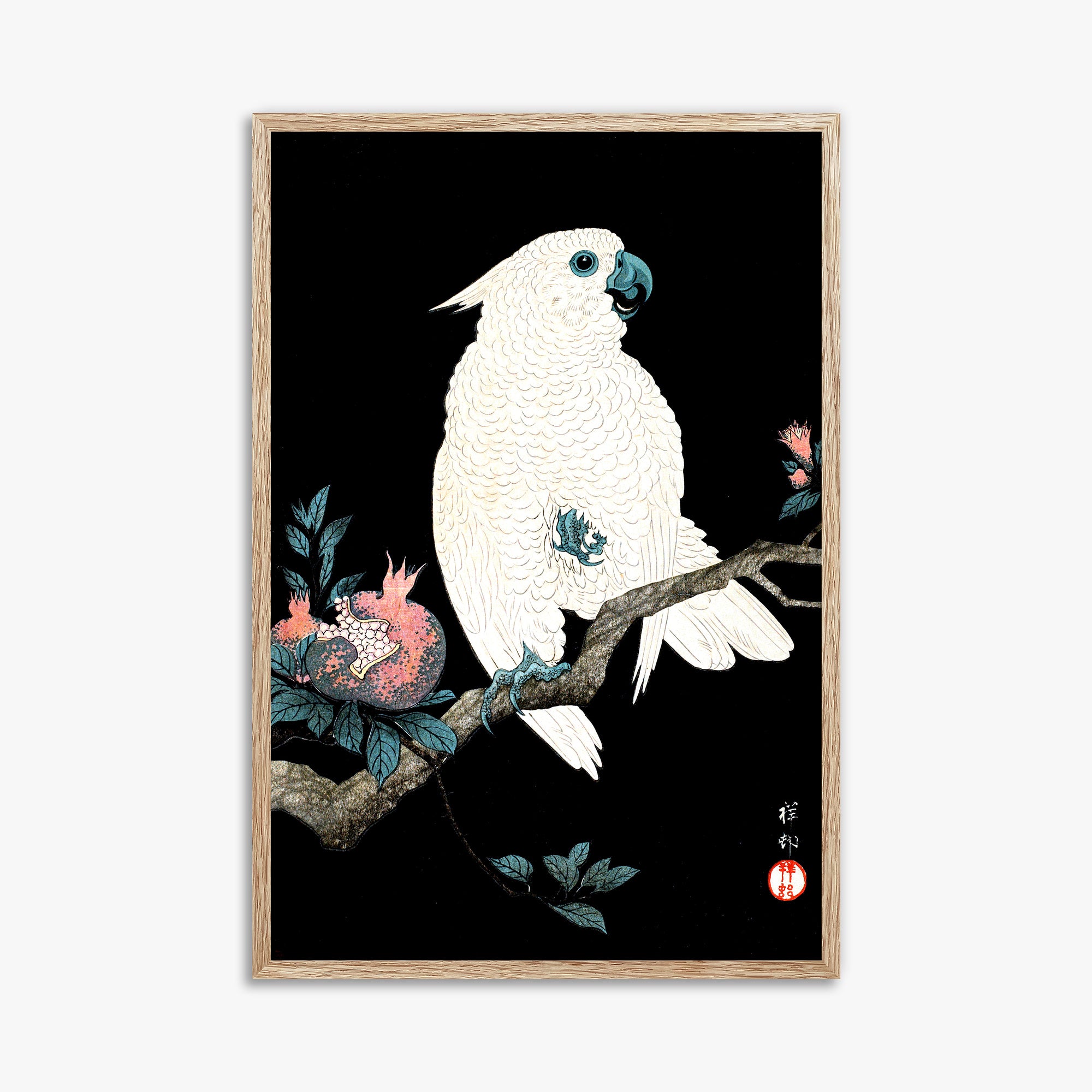 Ohara Koson: Cockatoo with Pomegranate, 61x91cm Framed Art Reproduction With Raw Oak Frame