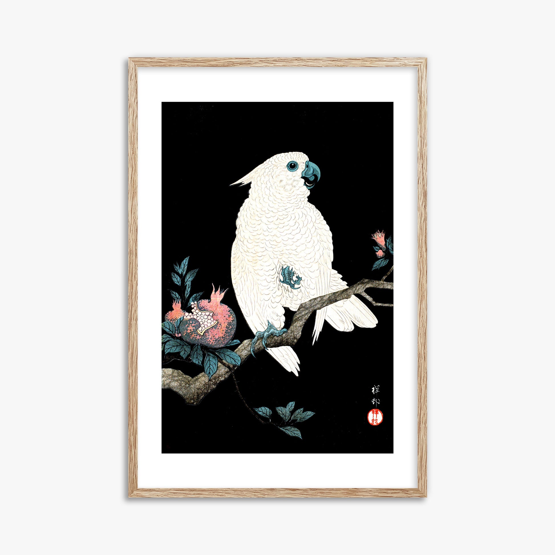 Ohara Koson: Cockatoo with Pomegranate, 61x91cm Framed Art Reproduction With Raw Oak Frame