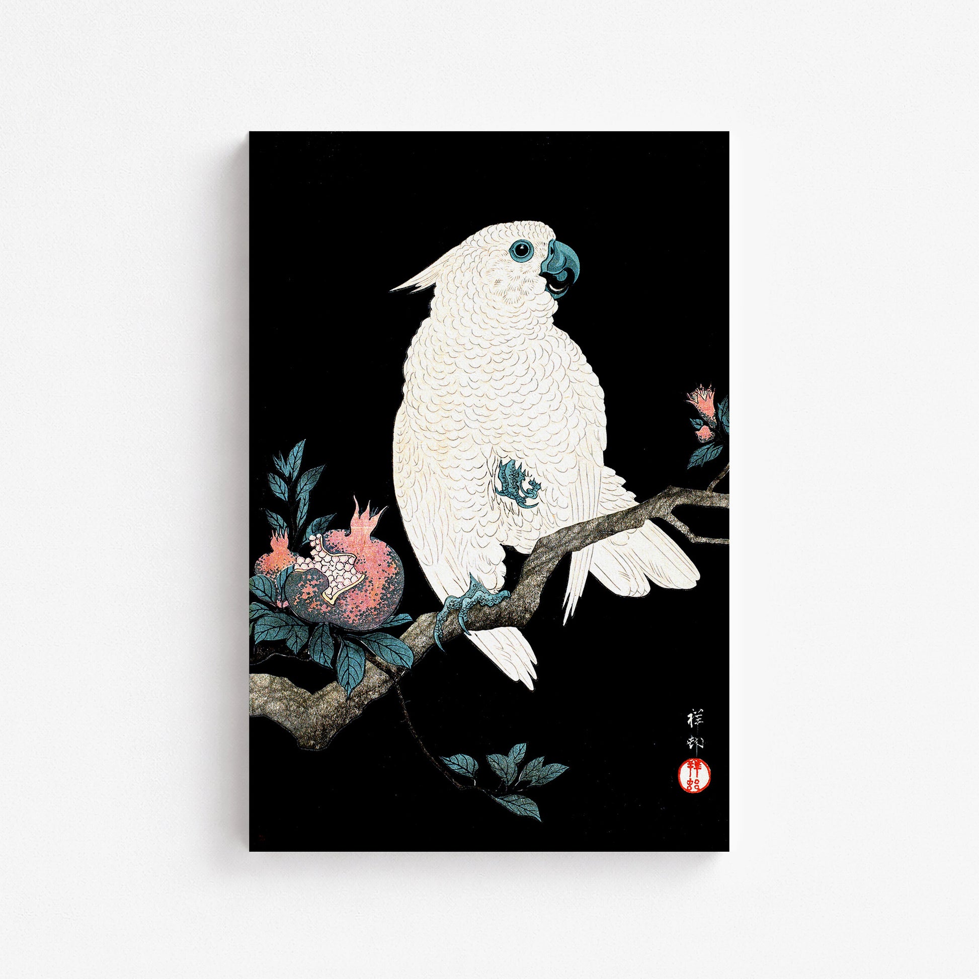 Ohara Koson: Cockatoo with Pomegranate, 61x91cm Satin Canvas Art Reproduction