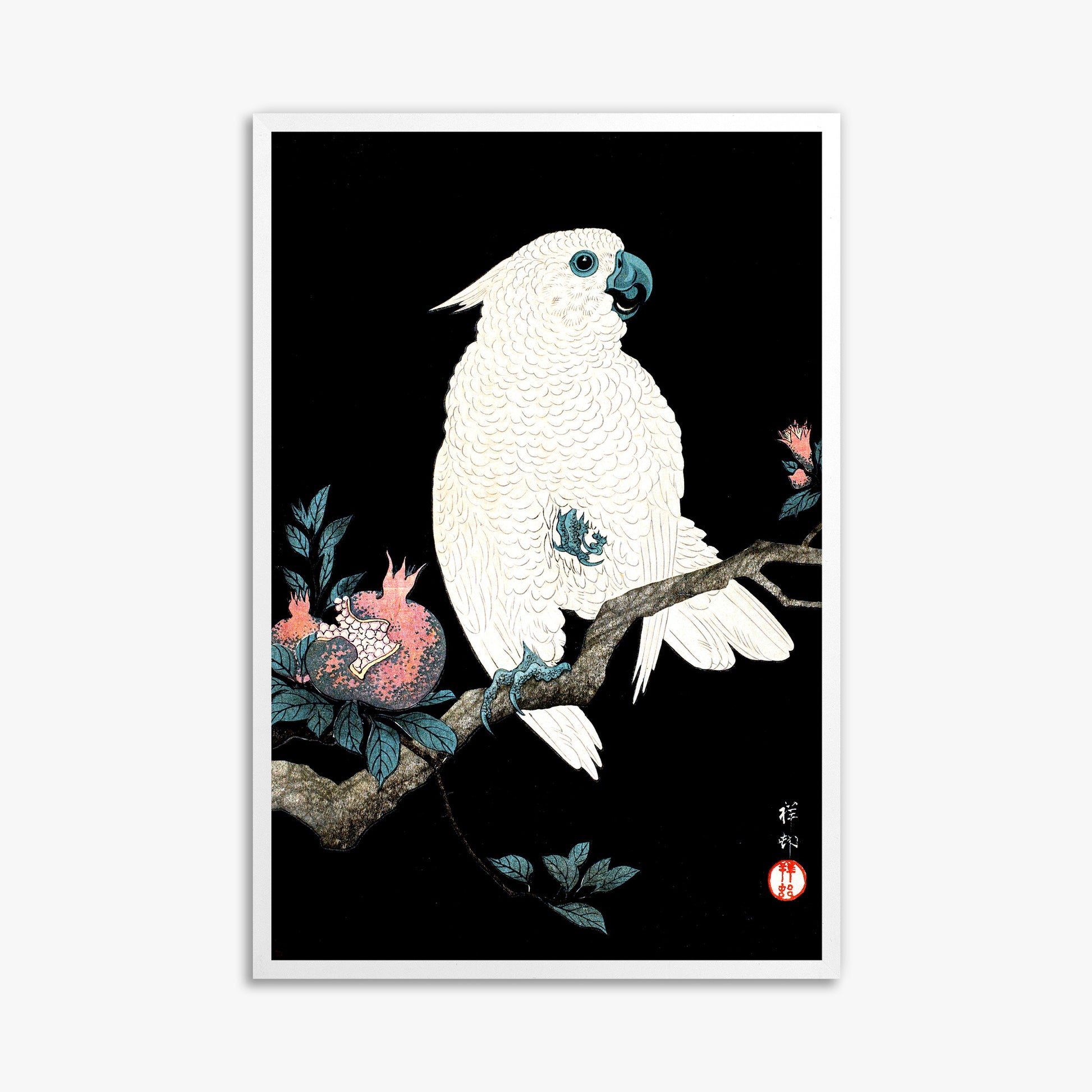 Ohara Koson: Cockatoo with Pomegranate, 61x91cm Framed Art Reproduction With White Frame