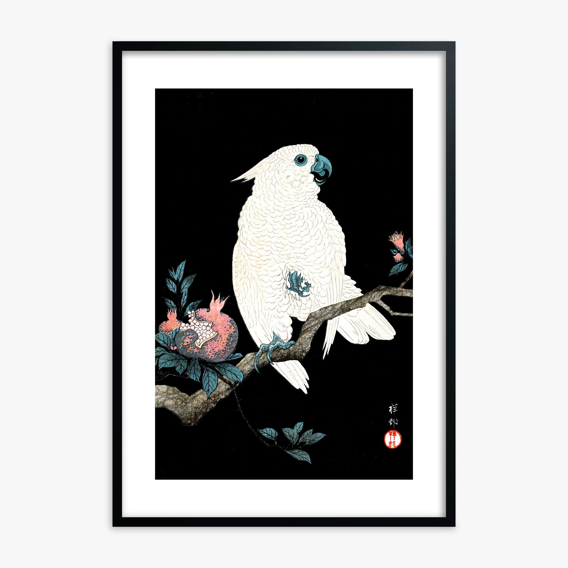 Ohara Koson: Cockatoo with Pomegranate, Black Framed Art Reproduction With Black Frame
