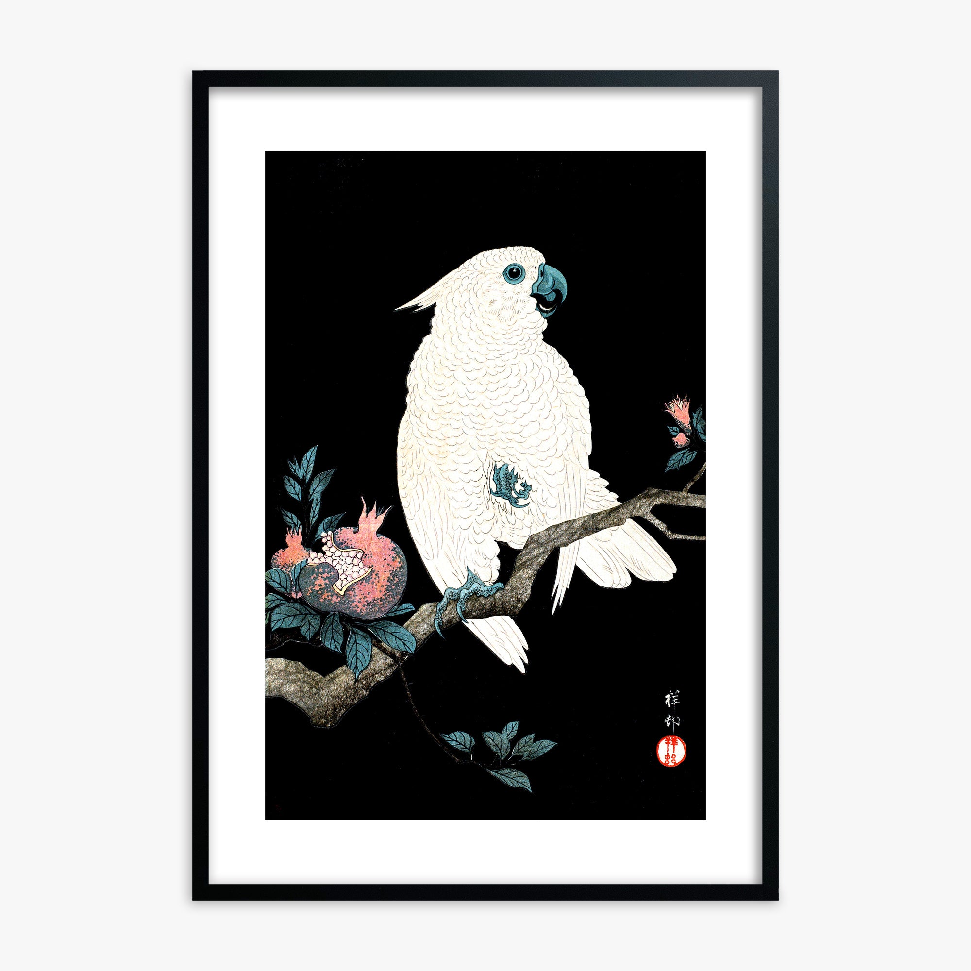 Ohara Koson: Cockatoo with Pomegranate, Black Framed Art Reproduction With Black Frame