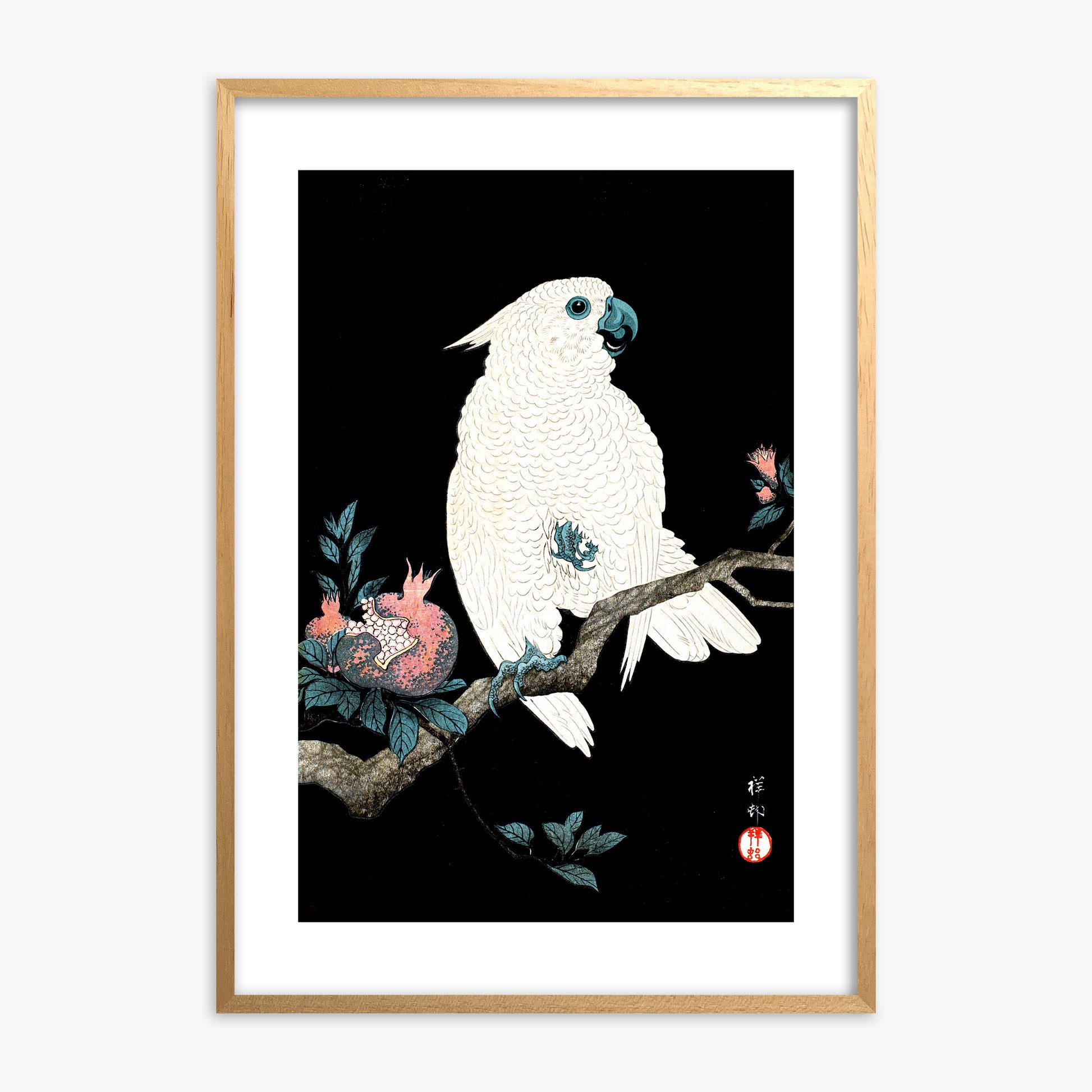Ohara Koson: Cockatoo with Pomegranate, Oak Framed Art Reproduction With Oak Frame