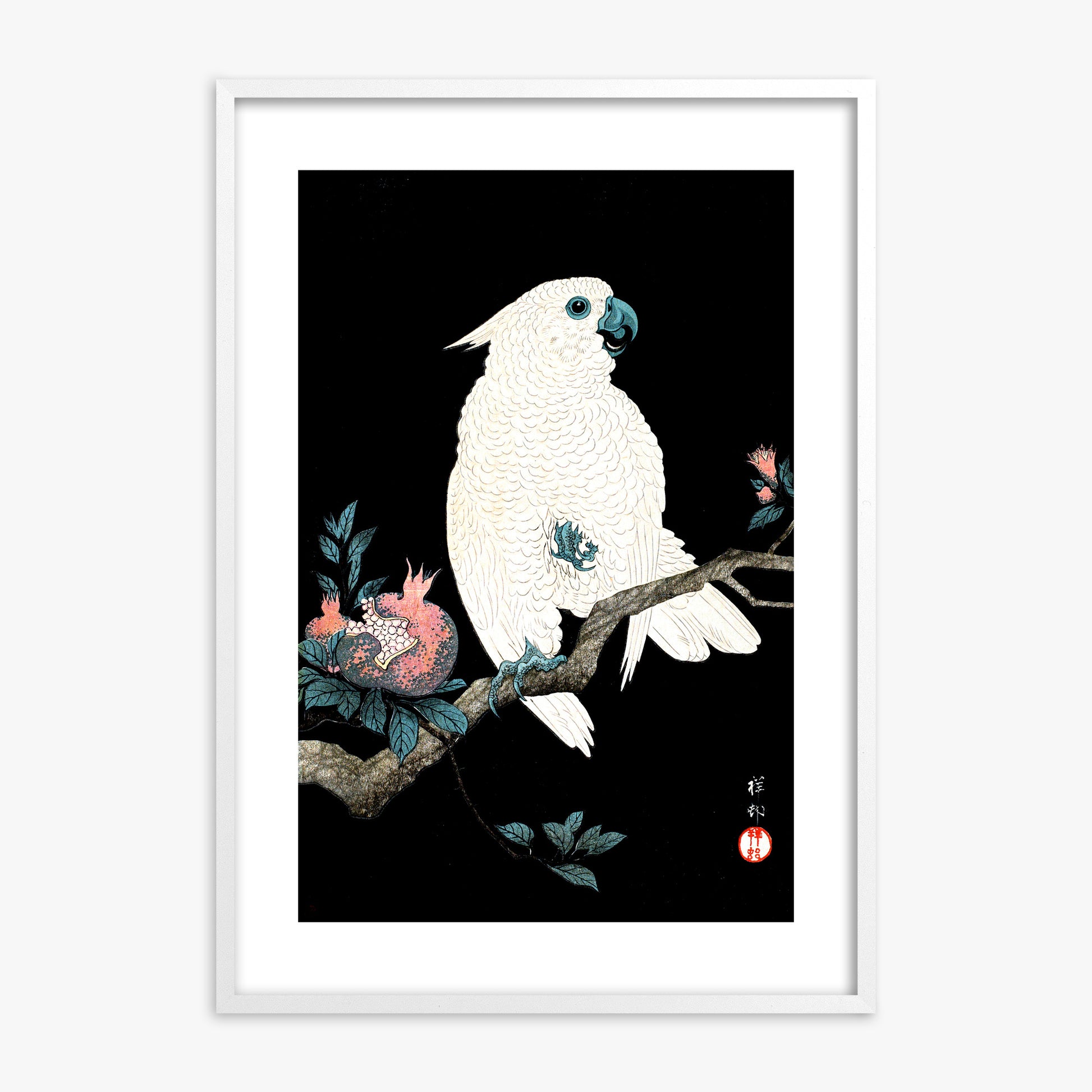 Ohara Koson: Cockatoo with Pomegranate, White Framed Art Reproduction With White Frame