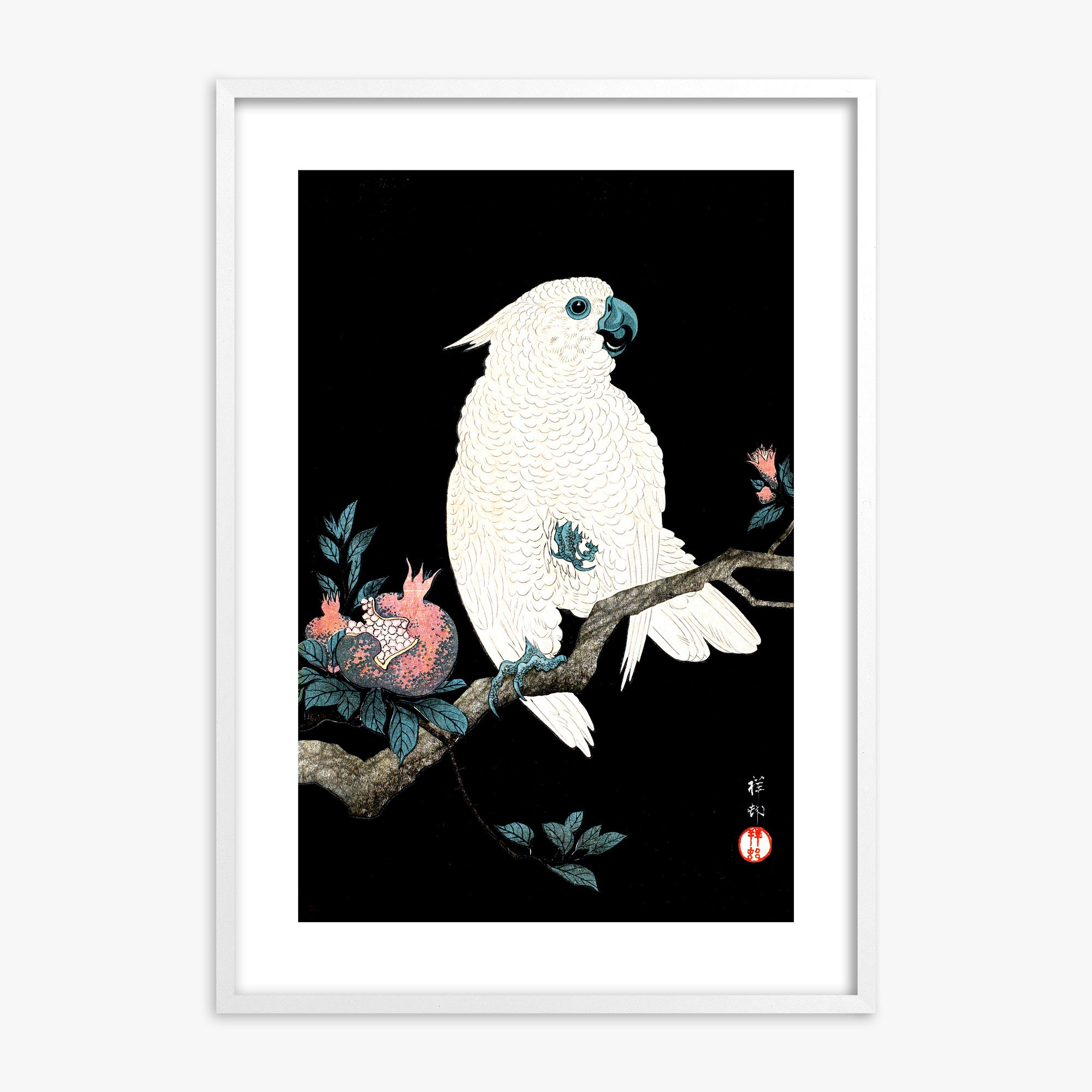 Ohara Koson: Cockatoo with Pomegranate, White Framed Art Reproduction With White Frame