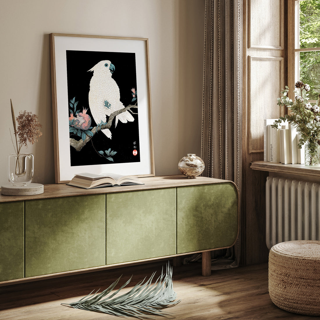 Ohara Koson: Cockatoo with Pomegranate, 50x70cm Framed Art Reproduction With Black Frame