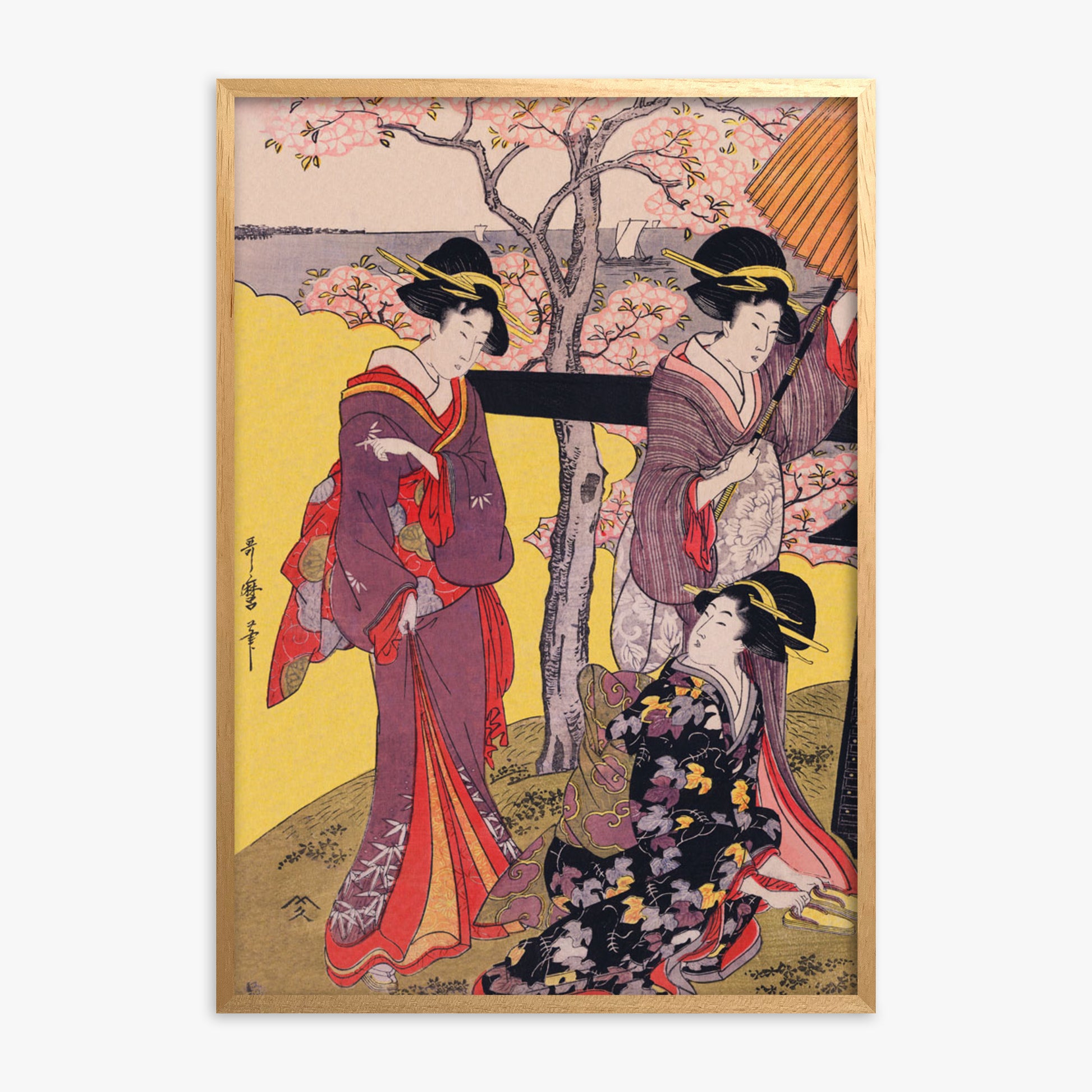 Utamaro Kitagawa: Cherry-viewing at Gotenyama, Oak Framed Art Reproduction With Oak Frame