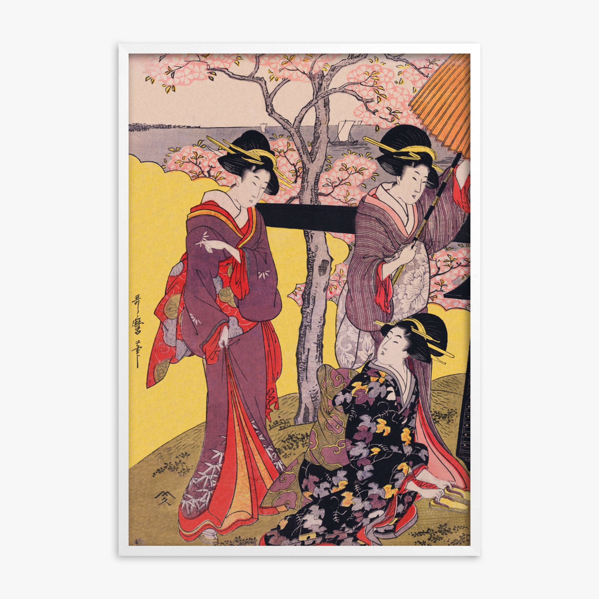 Utamaro Kitagawa: Cherry-viewing at Gotenyama, White Framed Art Reproduction With White Frame