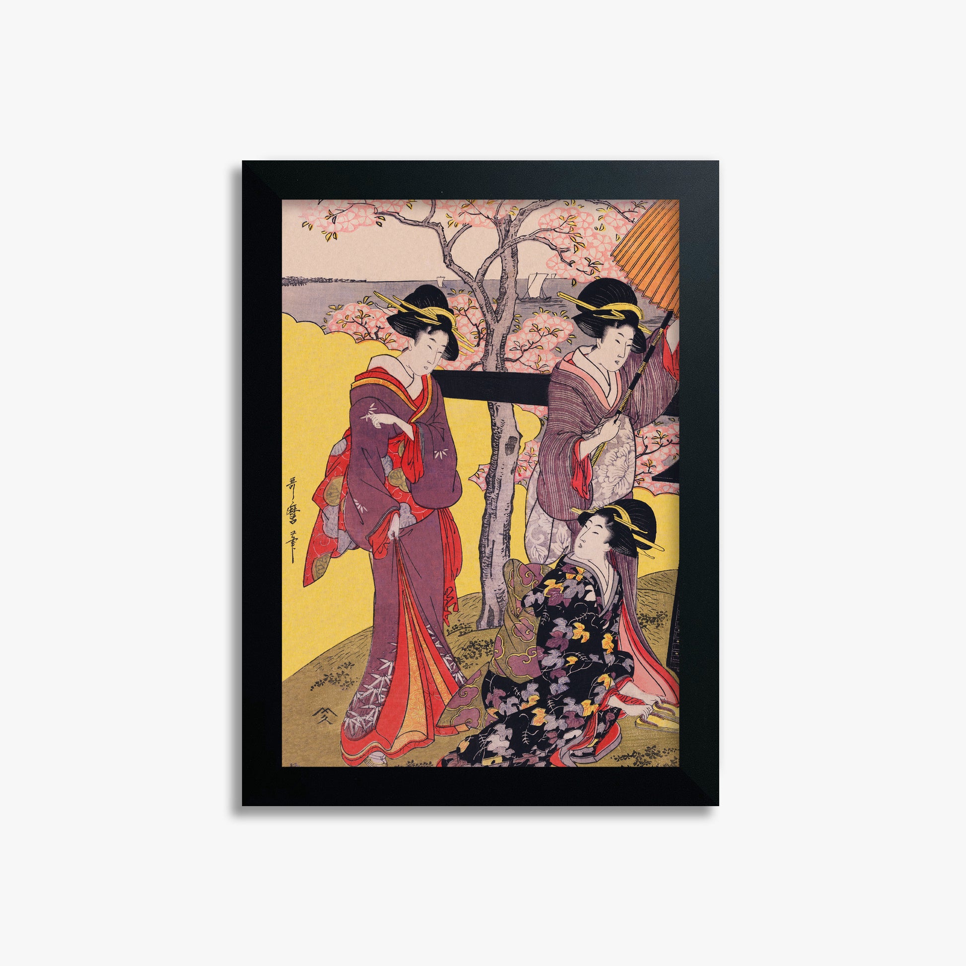 Utamaro Kitagawa: Cherry-viewing at Gotenyama, 21x30cm Framed Art Reproduction With Black Frame