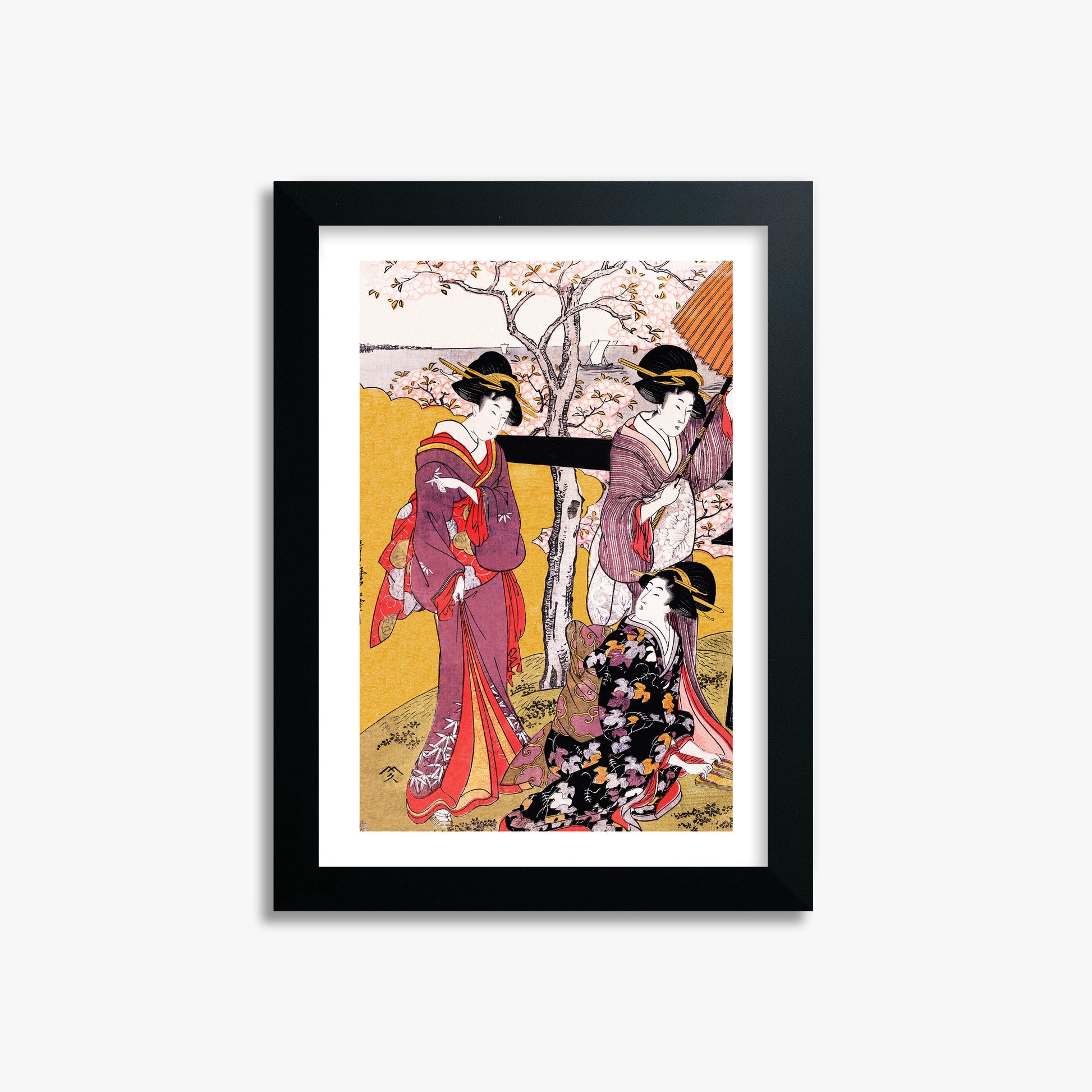 Utamaro Kitagawa: Cherry-viewing at Gotenyama, 21x30cm Framed Art Reproduction With Black Frame