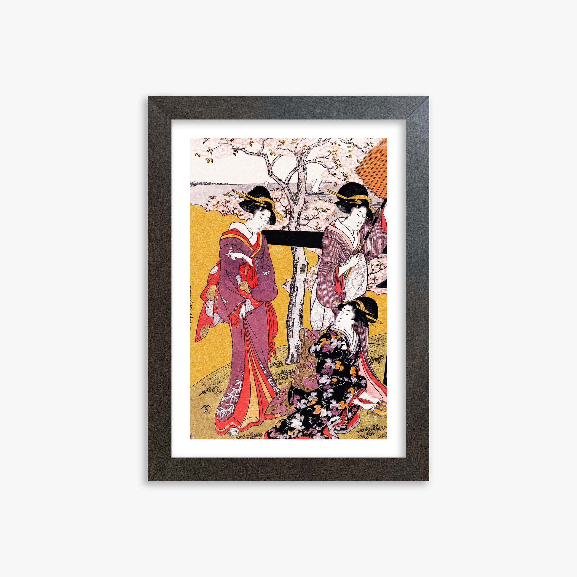 Utamaro Kitagawa: Cherry-viewing at Gotenyama, 21x30cm Framed Art Reproduction With Espresso Frame