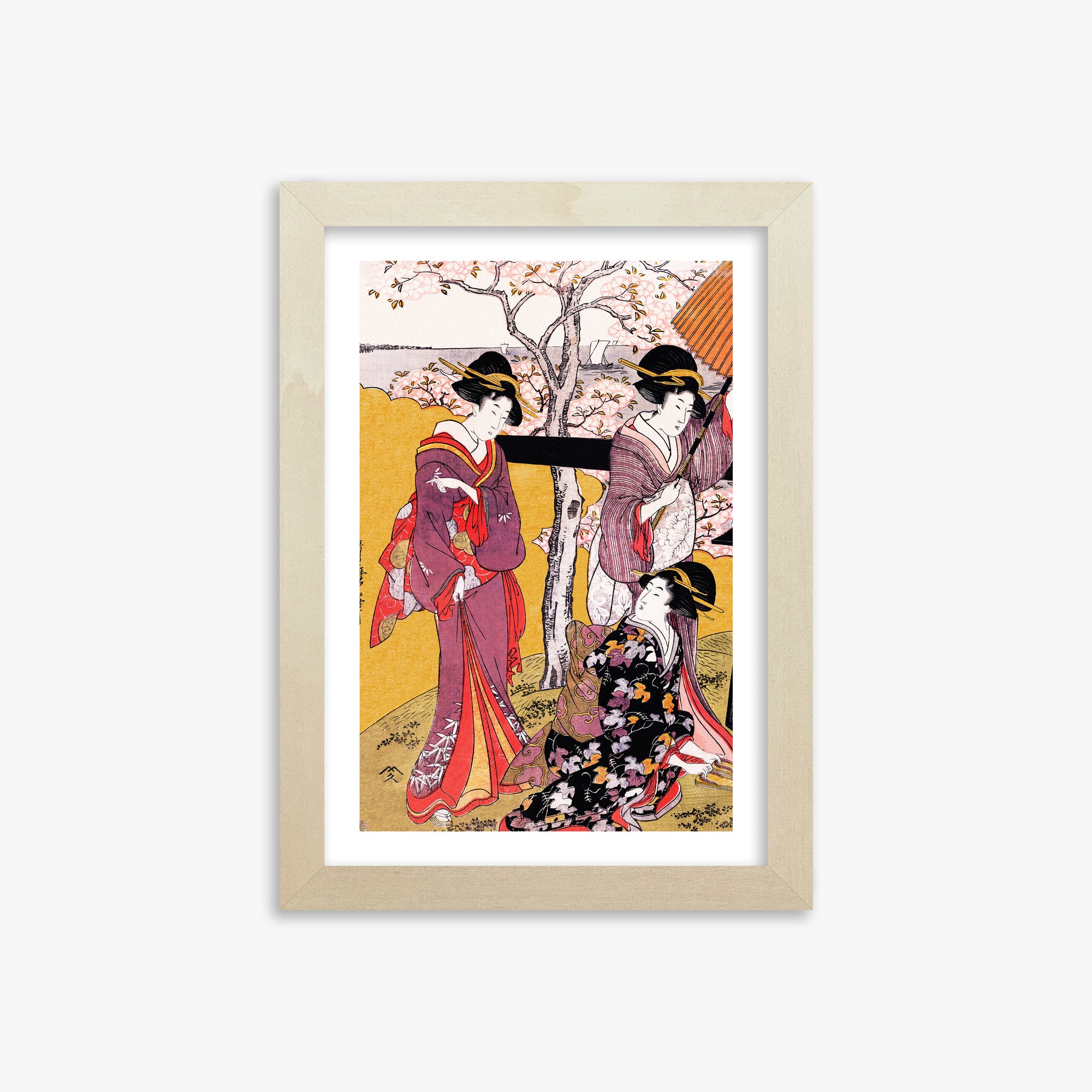 Utamaro Kitagawa: Cherry-viewing at Gotenyama, 21x30cm Framed Art Reproduction With Lime Wood Frame