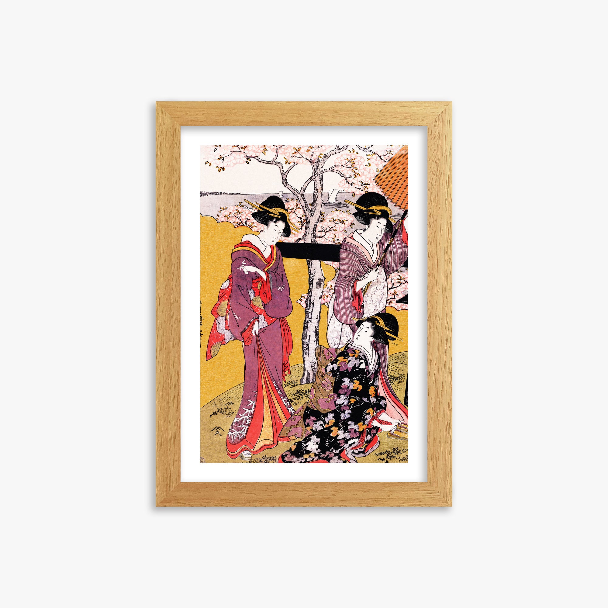 Utamaro Kitagawa: Cherry-viewing at Gotenyama, 21x30cm Framed Art Reproduction With Oak Frame