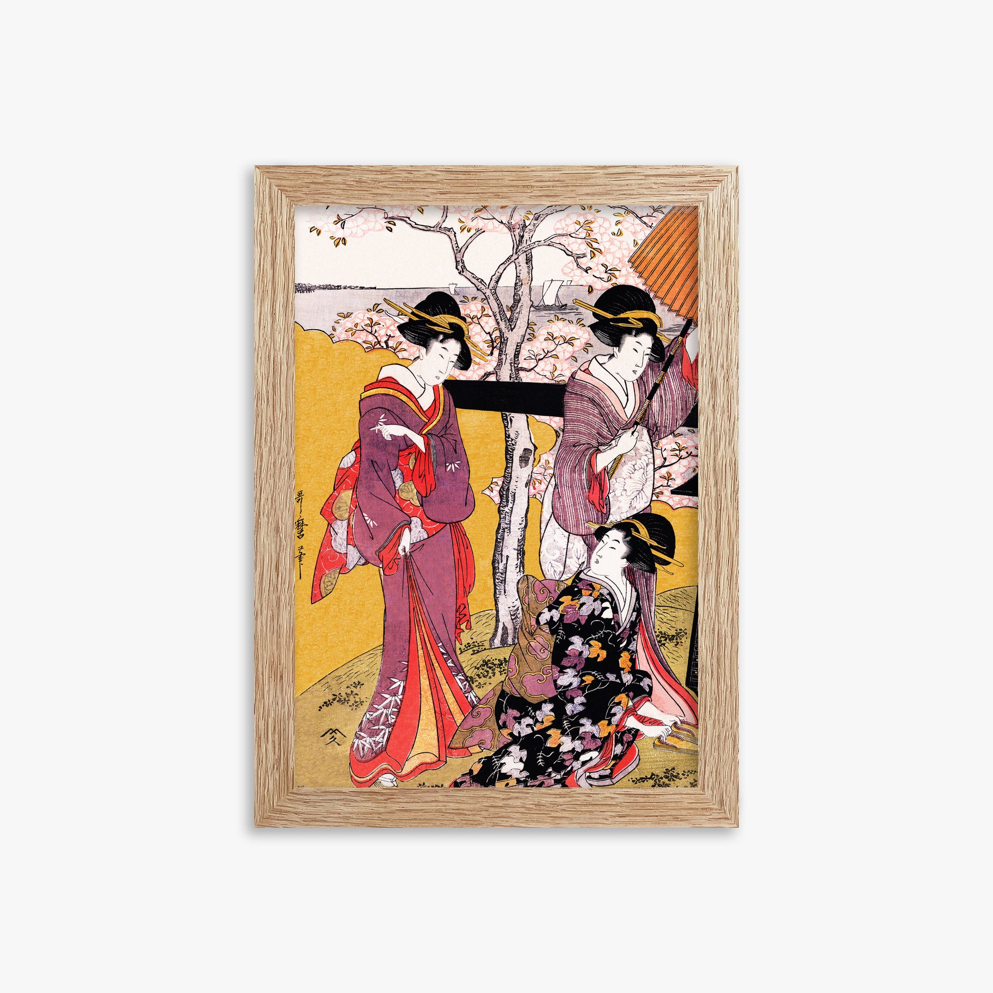 Utamaro Kitagawa: Cherry-viewing at Gotenyama, 21x30cm Framed Art Reproduction With Raw Oak Frame
