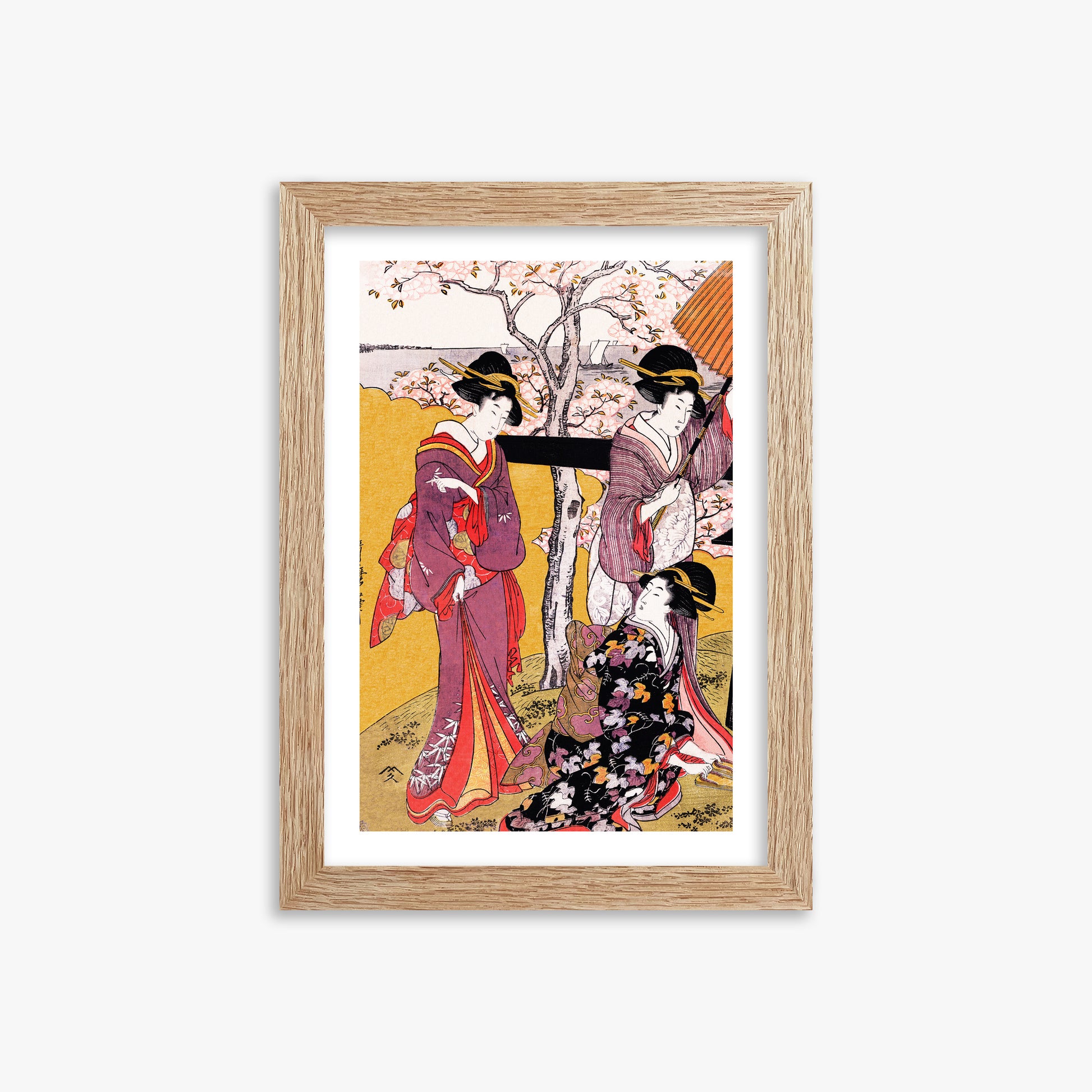 Utamaro Kitagawa: Cherry-viewing at Gotenyama, 21x30cm Framed Art Reproduction With Raw Oak Frame