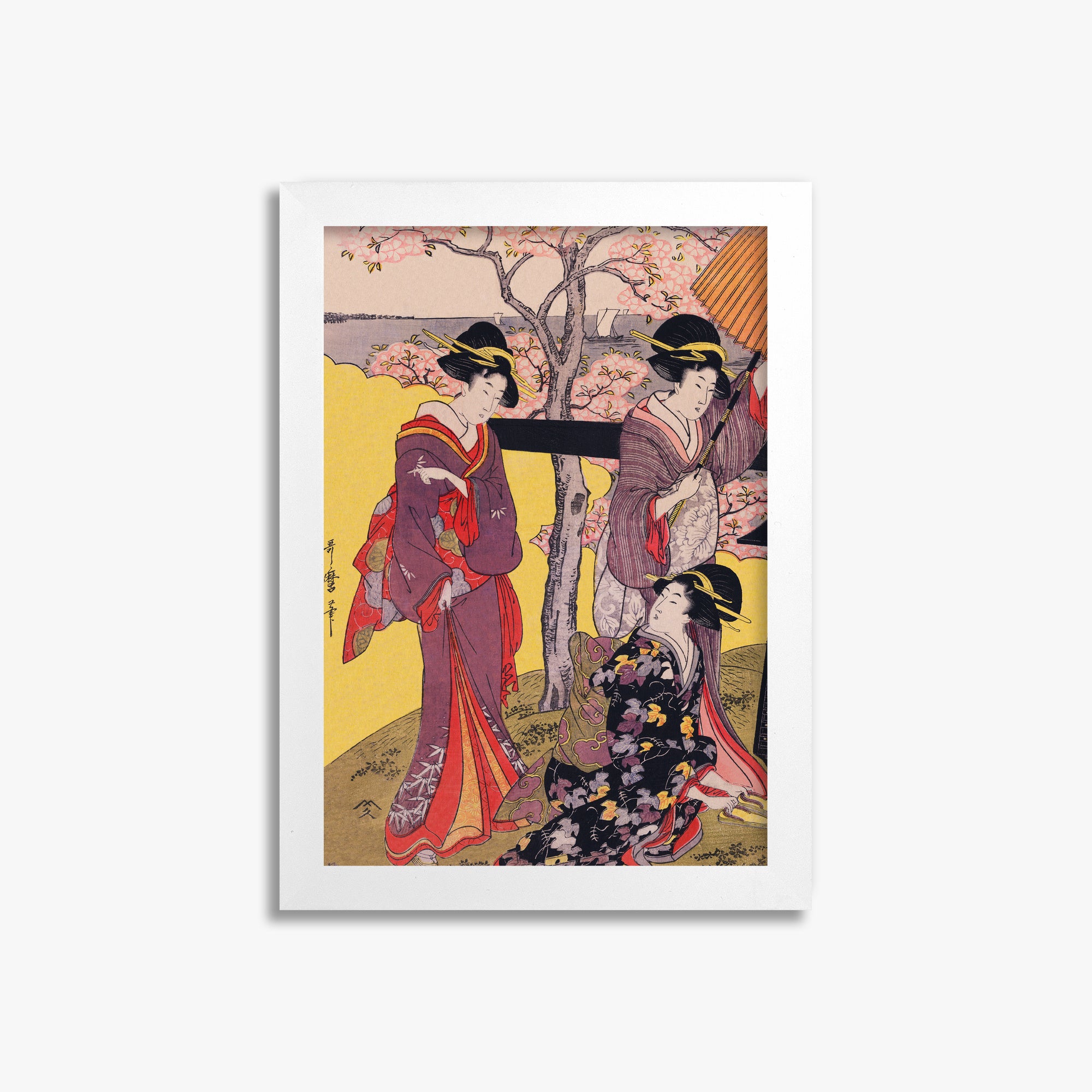 Utamaro Kitagawa: Cherry-viewing at Gotenyama, 21x30cm Framed Art Reproduction With White Frame