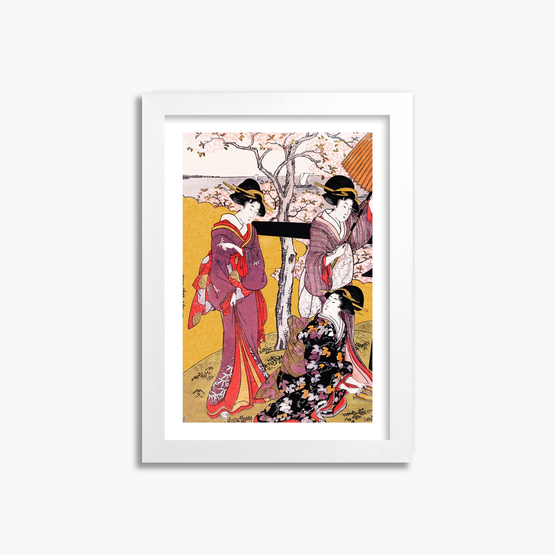 Utamaro Kitagawa: Cherry-viewing at Gotenyama, 21x30cm Framed Art Reproduction With White Frame