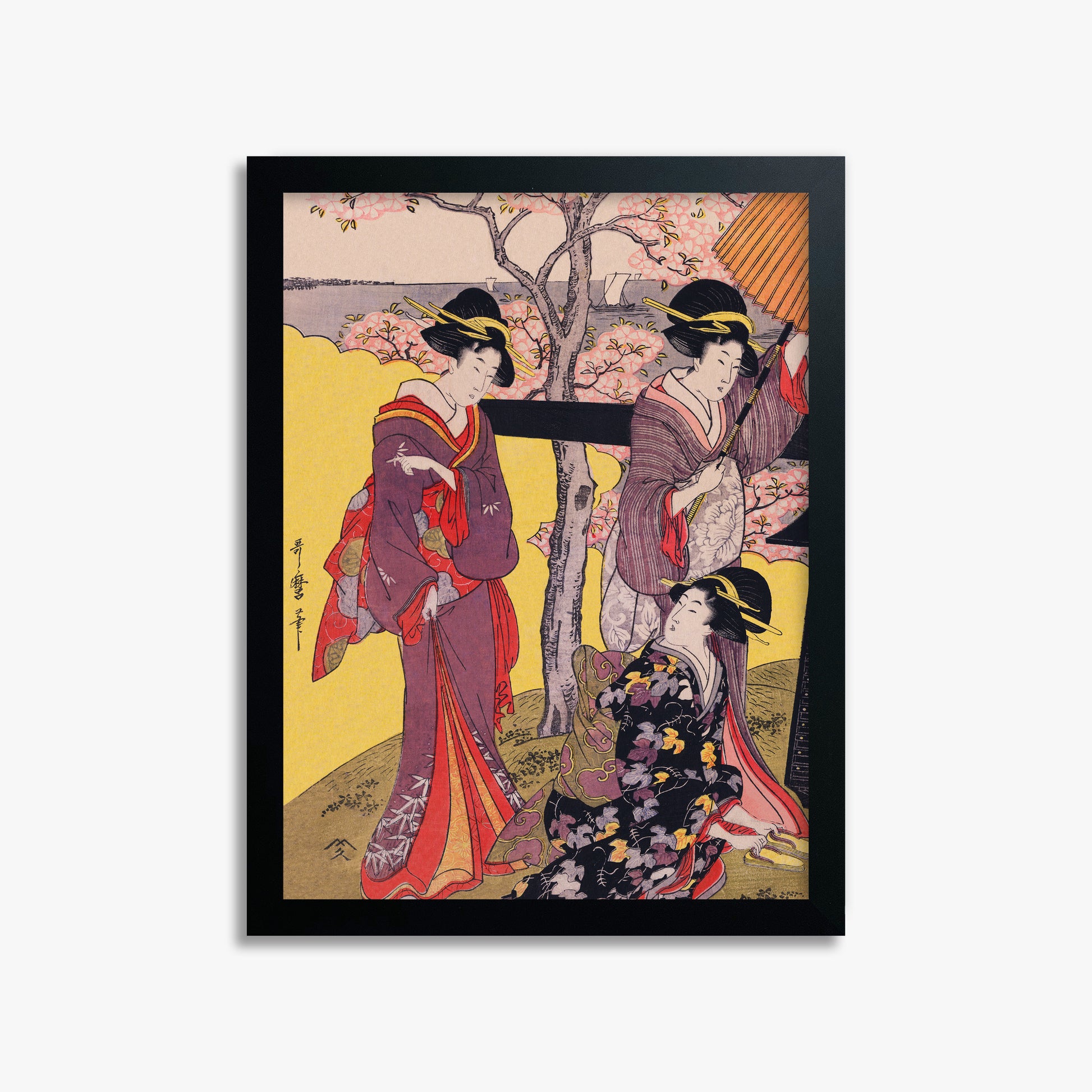 Utamaro Kitagawa: Cherry-viewing at Gotenyama, 30x40cm Framed Art Reproduction With Black Frame