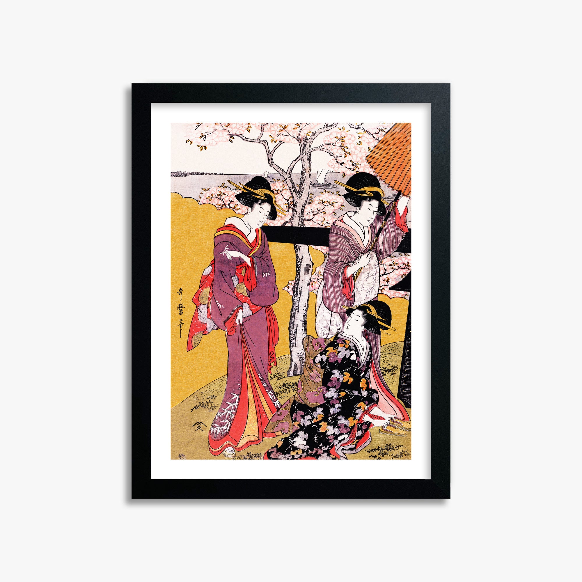 Utamaro Kitagawa: Cherry-viewing at Gotenyama, 30x40cm Framed Art Reproduction With Black Frame