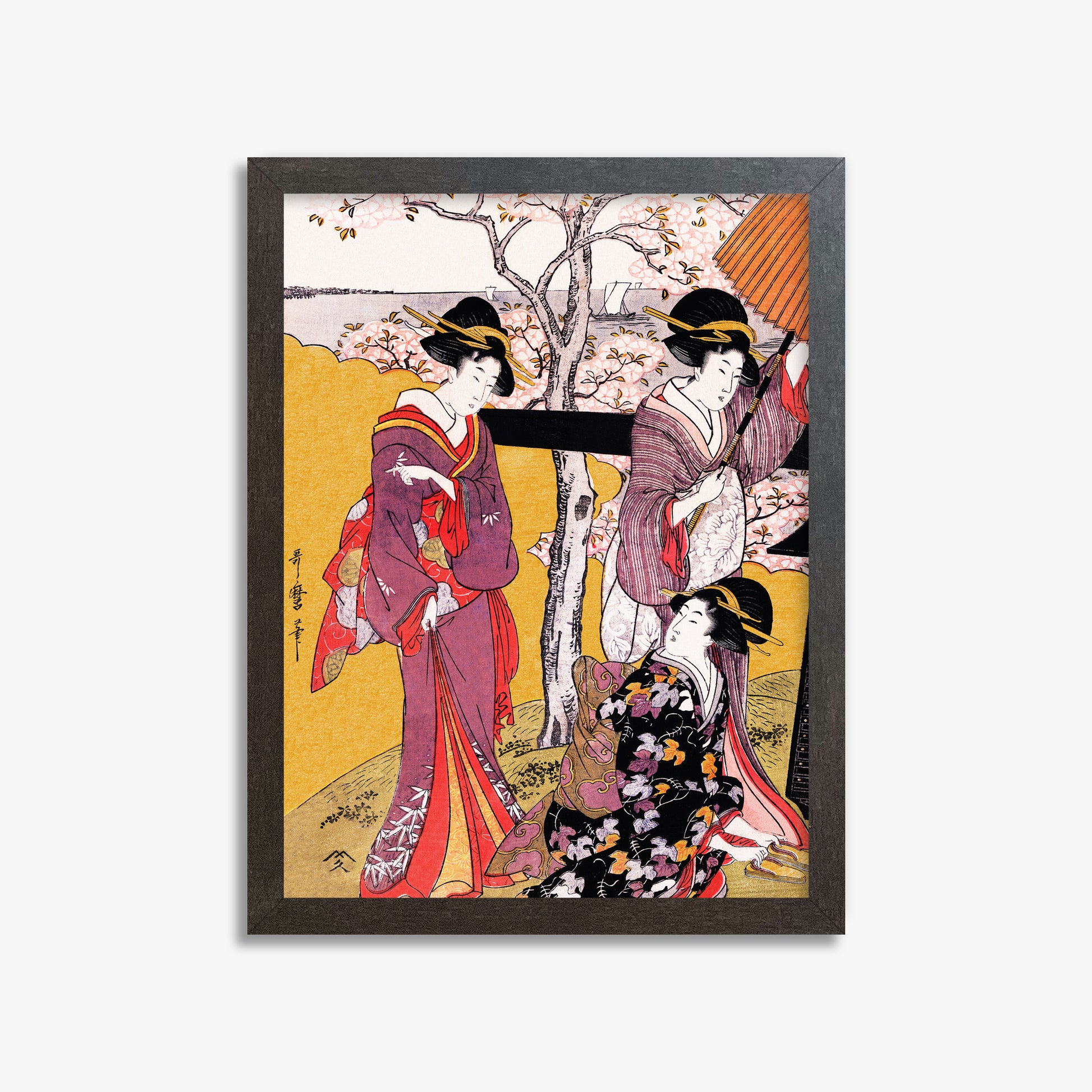Utamaro Kitagawa: Cherry-viewing at Gotenyama, 30x40cm Framed Art Reproduction With Espresso Frame