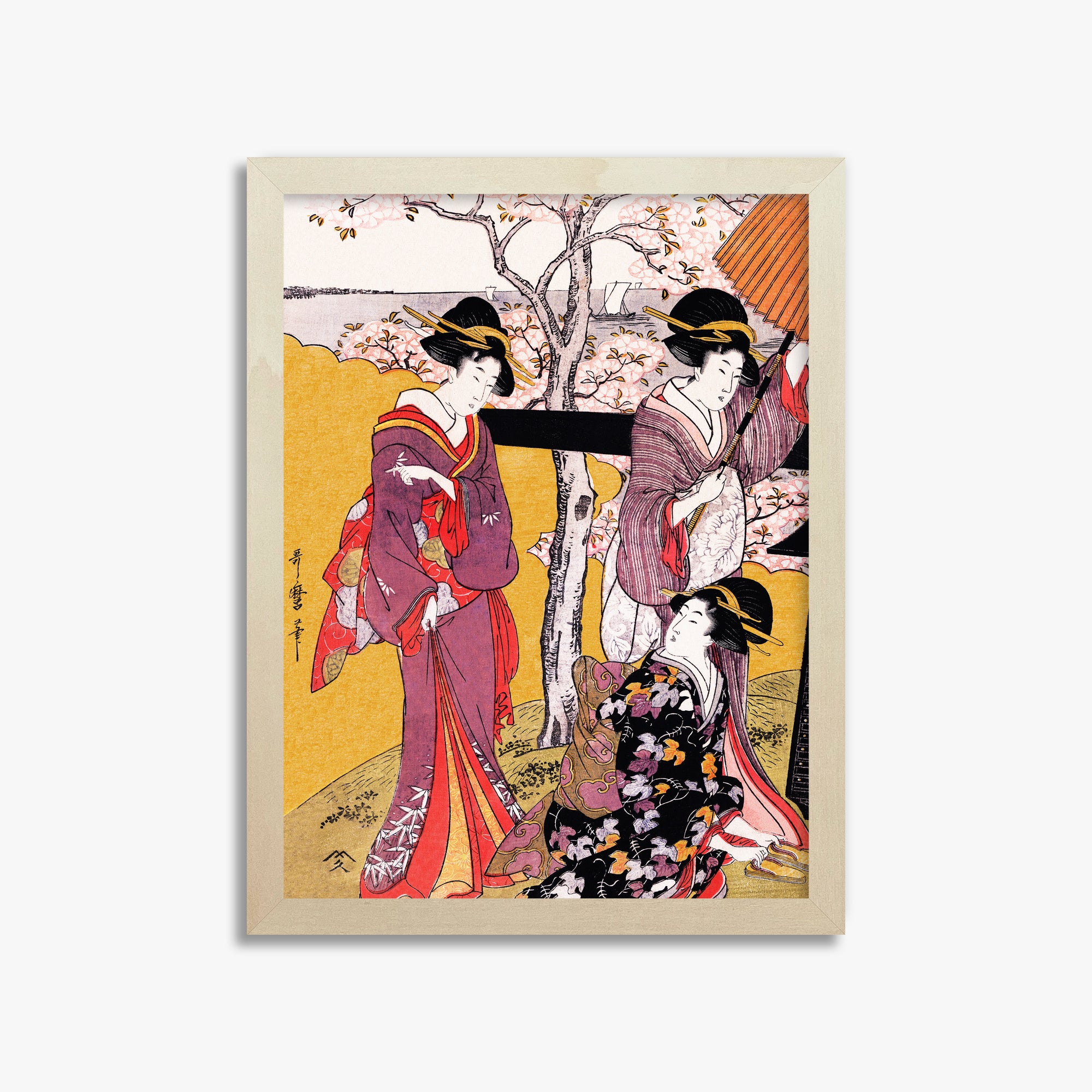 Utamaro Kitagawa: Cherry-viewing at Gotenyama, 30x40cm Framed Art Reproduction With Lime Wood Frame