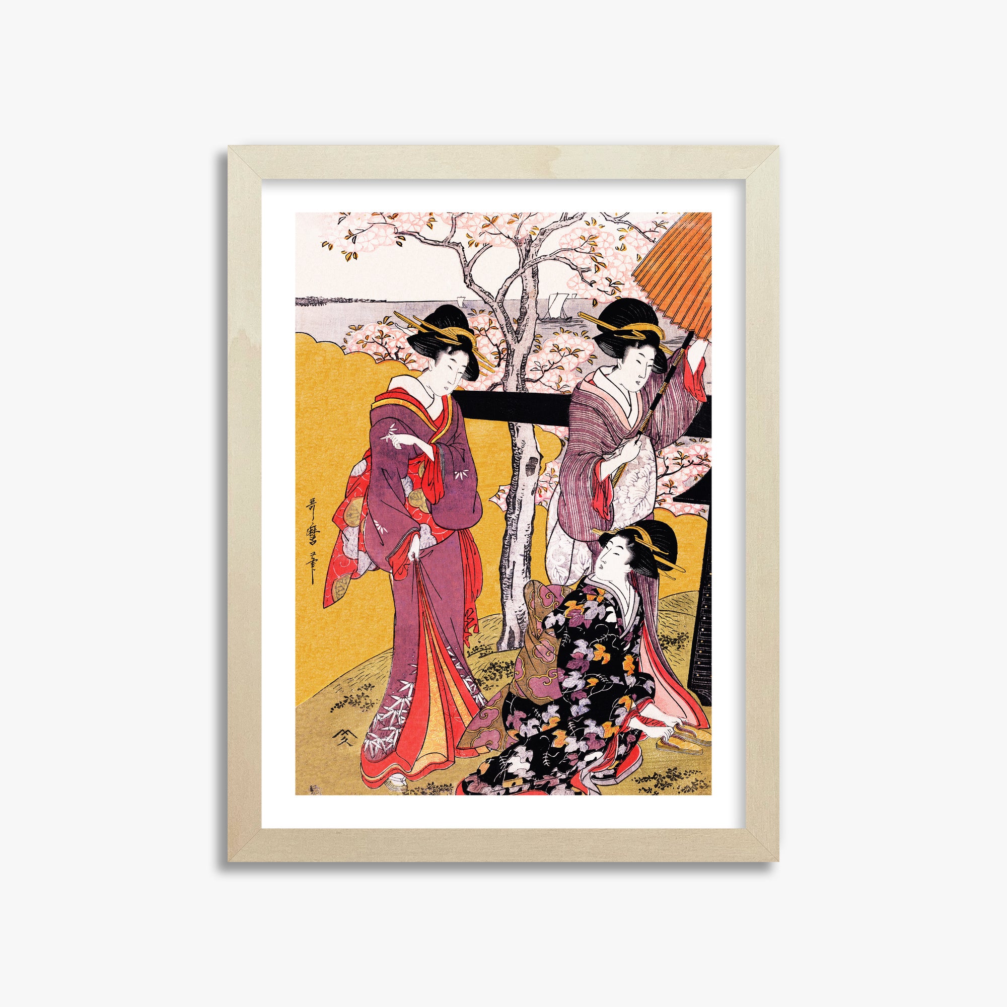 Utamaro Kitagawa: Cherry-viewing at Gotenyama, 30x40cm Framed Art Reproduction With Lime Wood Frame