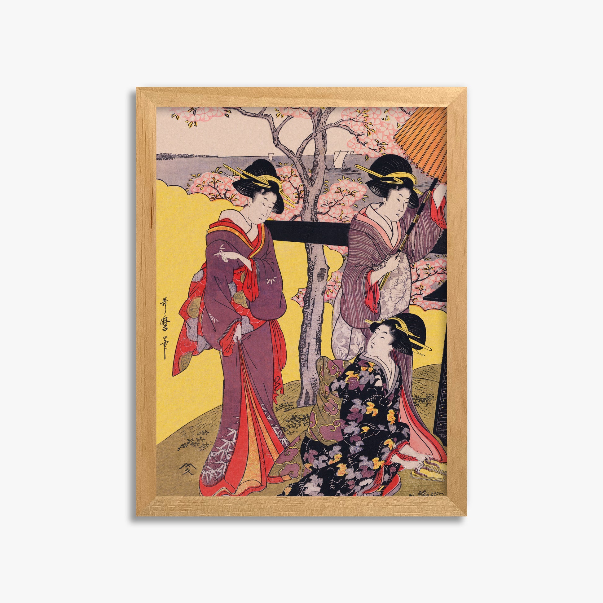 Utamaro Kitagawa: Cherry-viewing at Gotenyama, 30x40cm Framed Art Reproduction With Oak Frame