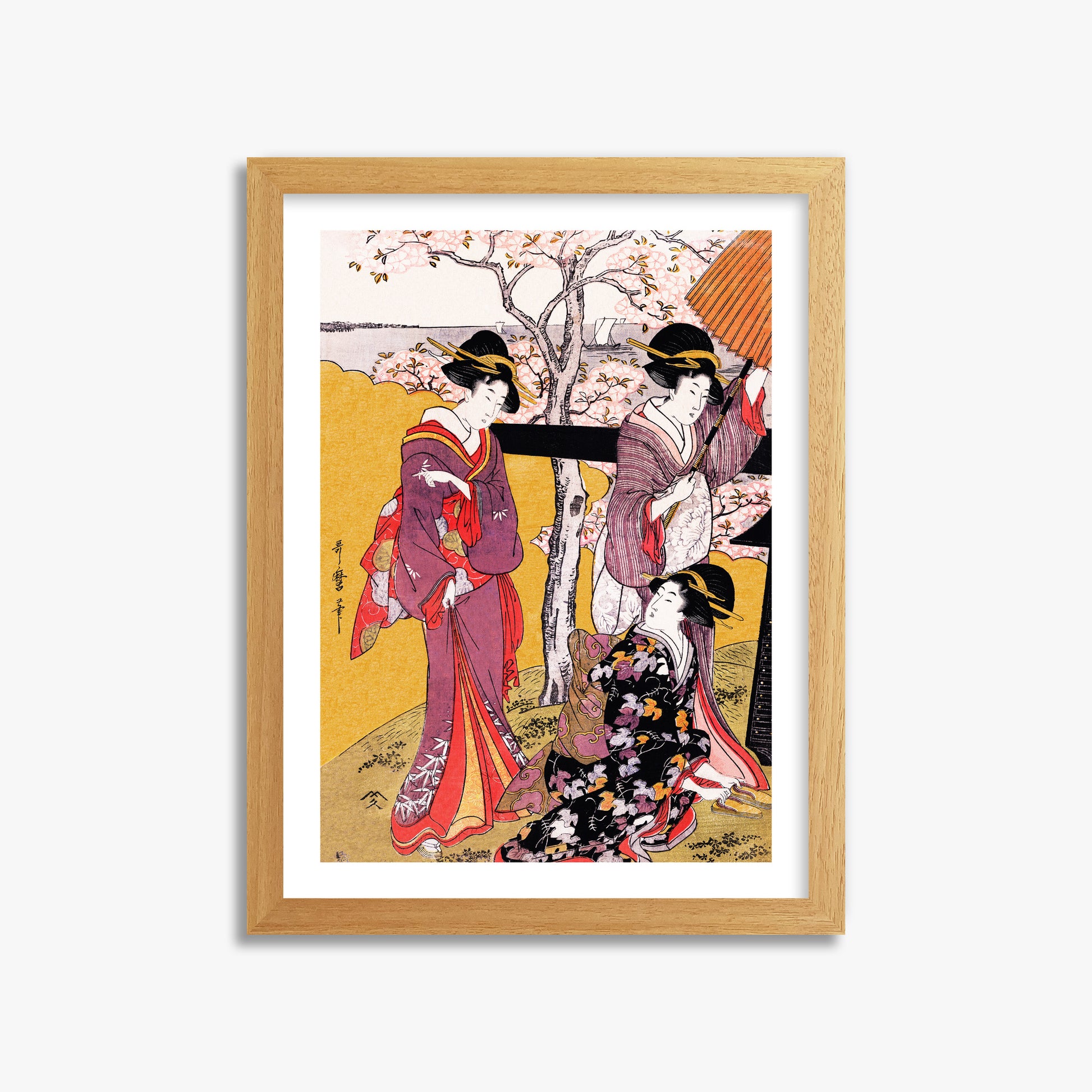 Utamaro Kitagawa: Cherry-viewing at Gotenyama, 30x40cm Framed Art Reproduction With Oak Frame