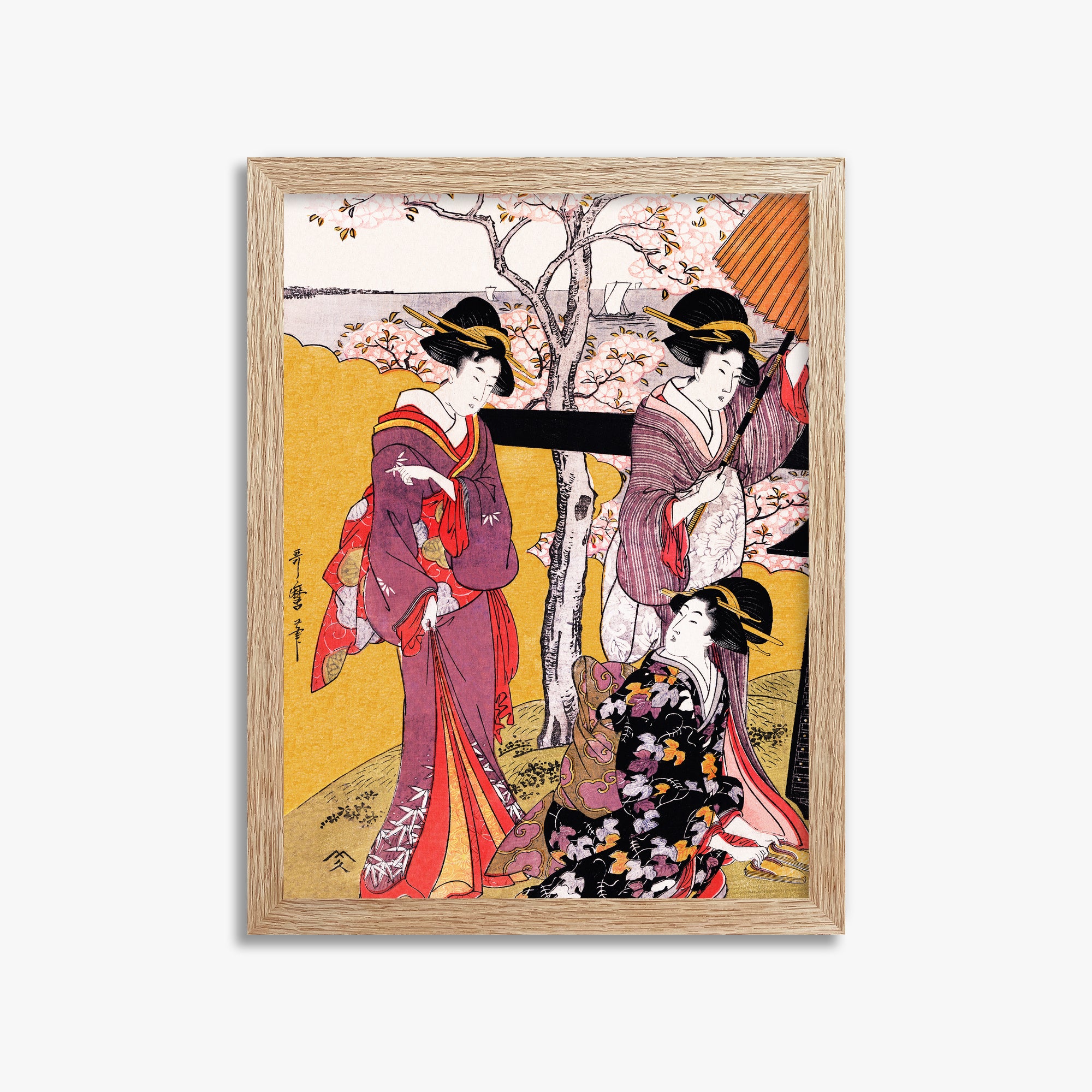 Utamaro Kitagawa: Cherry-viewing at Gotenyama, 30x40cm Framed Art Reproduction With Raw Oak Frame