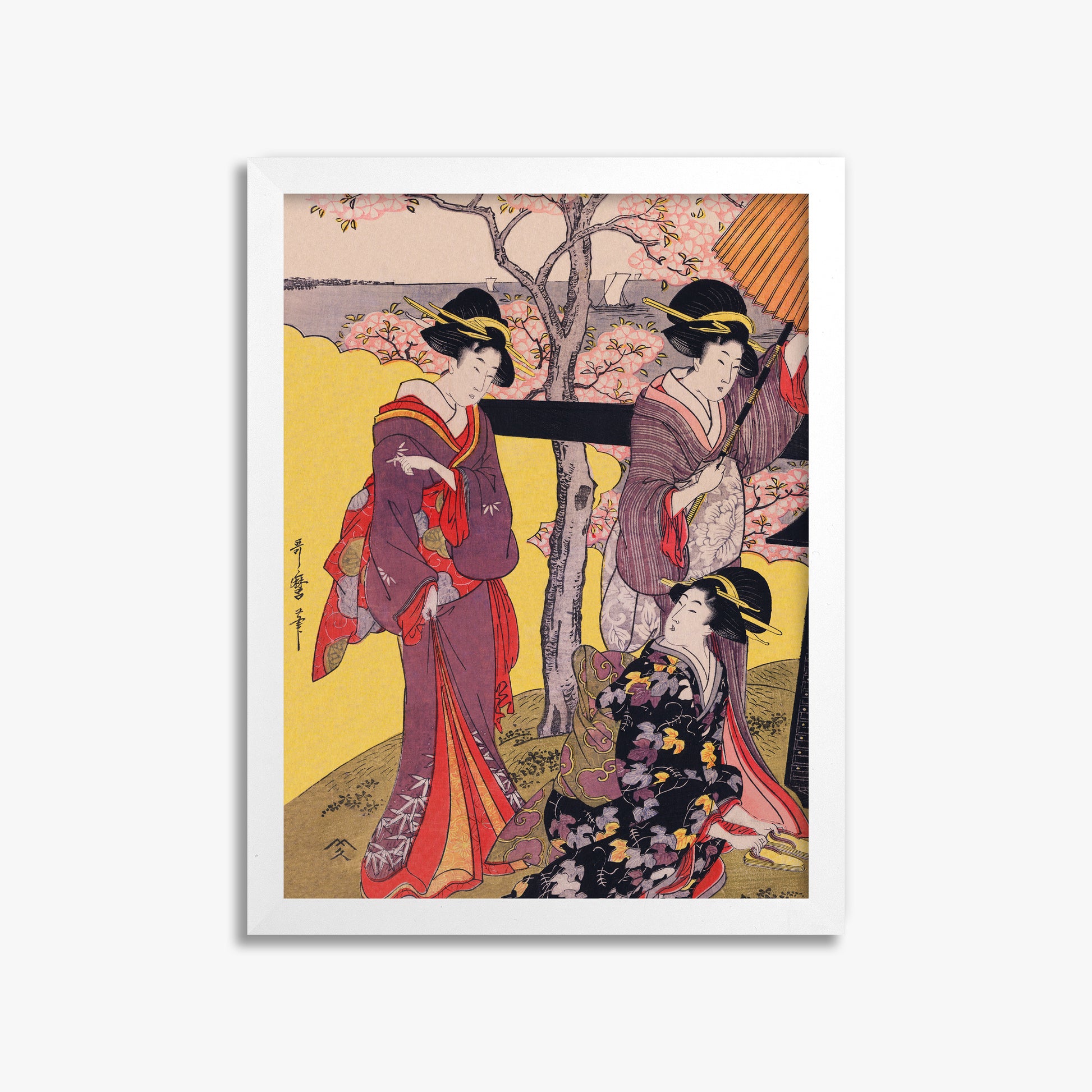 Utamaro Kitagawa: Cherry-viewing at Gotenyama, 30x40cm Framed Art Reproduction With White Frame